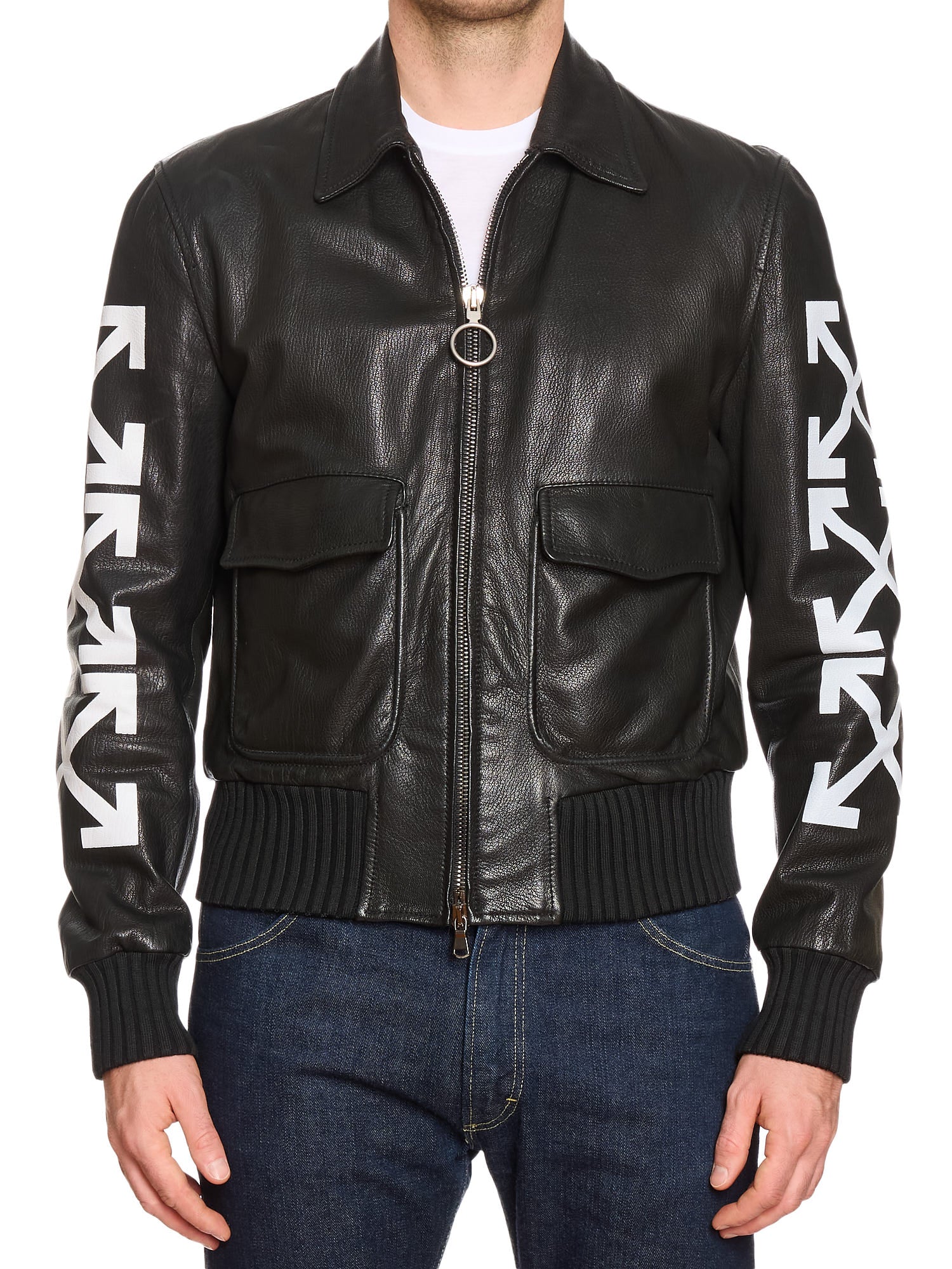 OFF-WHITE c/o VIRGIL ABLOH Black Leather Arrows Bomber Jacket 2017-18 FW