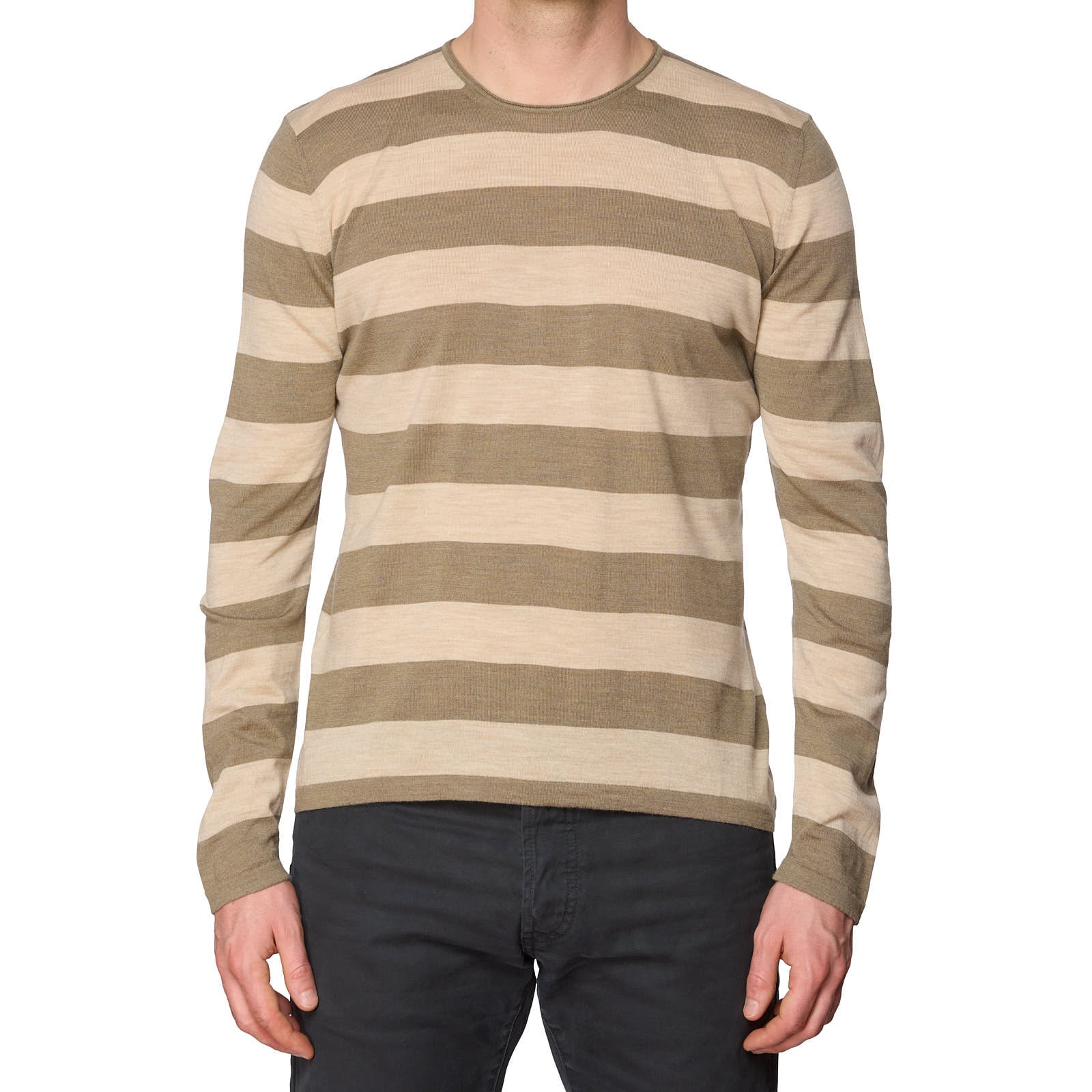 ONES Brown-Beige Striped Wool Super 150's Knit Crewneck Sweater EU 50 NEW US M