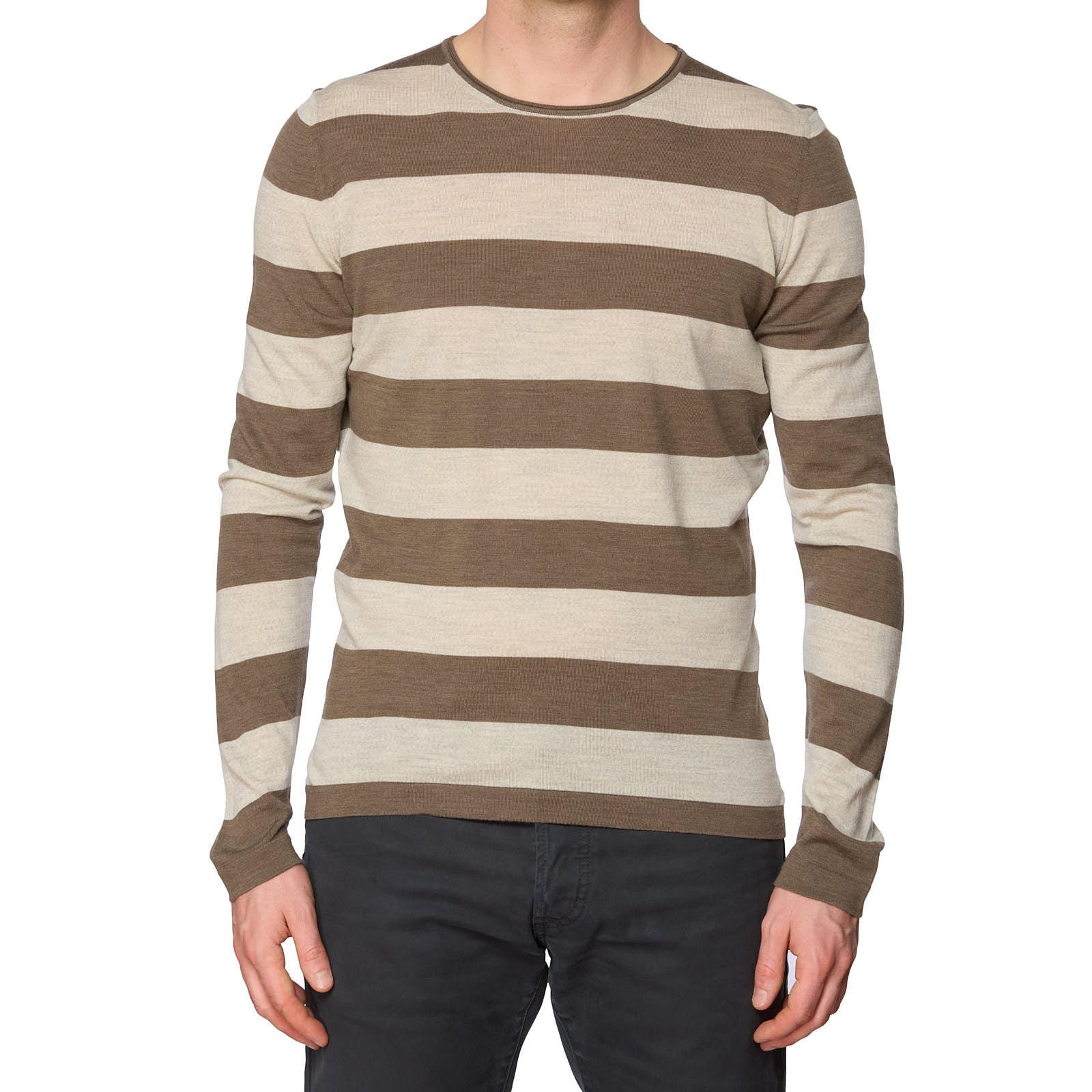 ONES Brown-Gray Striped Wool Super 150's Knit Crewneck Sweater EU 50 NEW US M