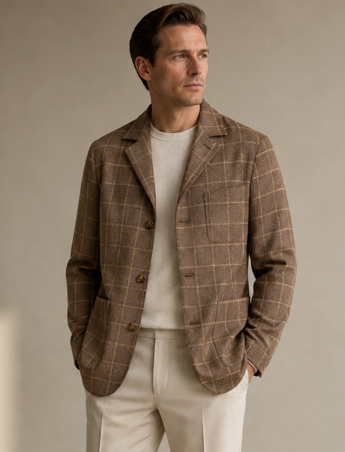 PIETRA SALATA Napoli Brown Windowpane Wool Blend Stretch Jacket NEW