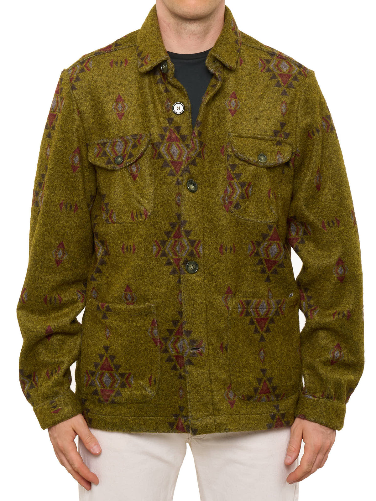 PIETRA SALATA Olive Southwestern Navajo Geometric Safari Jacket Overshirt NEW