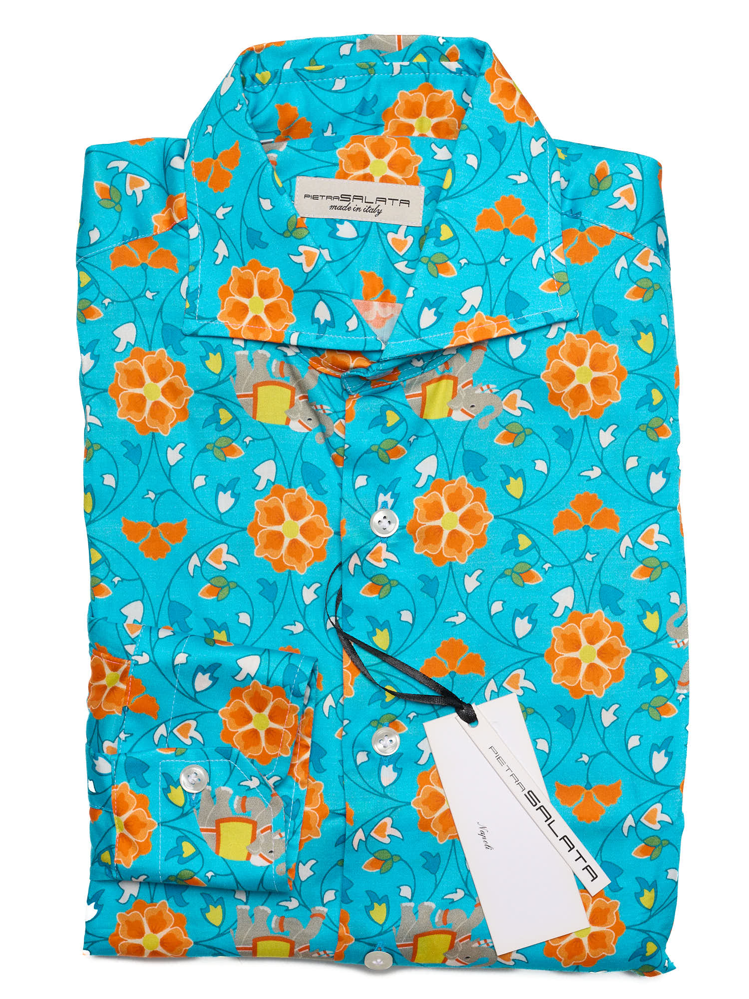 PIETRA SALATA Blue-Orange Floral Pattern Cotton Spread Collar Shirt