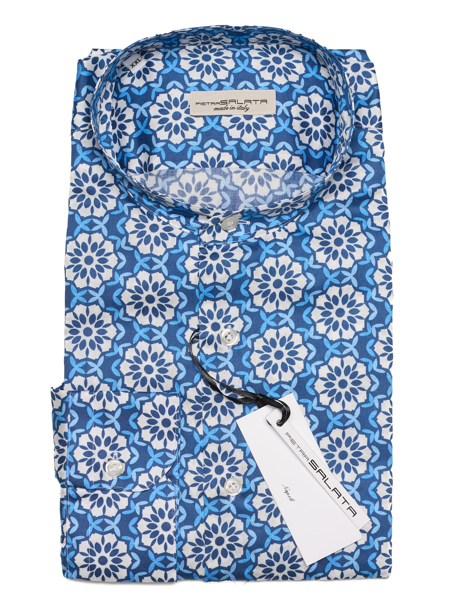 PIETRA SALATA Blue-White Floral Cotton Mandarin Collar Shirt