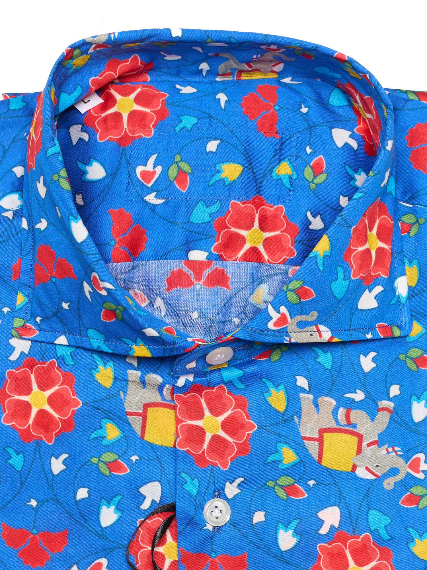 PIETRA SALATA Blue Floral Elephant Pattern Cotton Spread Collar Shirt