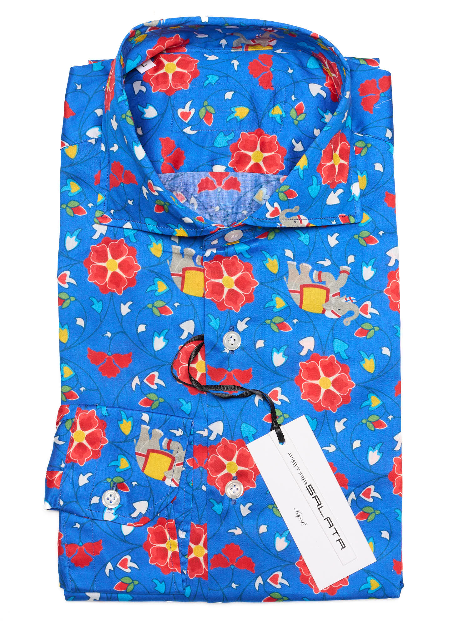 PIETRA SALATA Blue Floral Elephant Pattern Cotton Spread Collar Shirt
