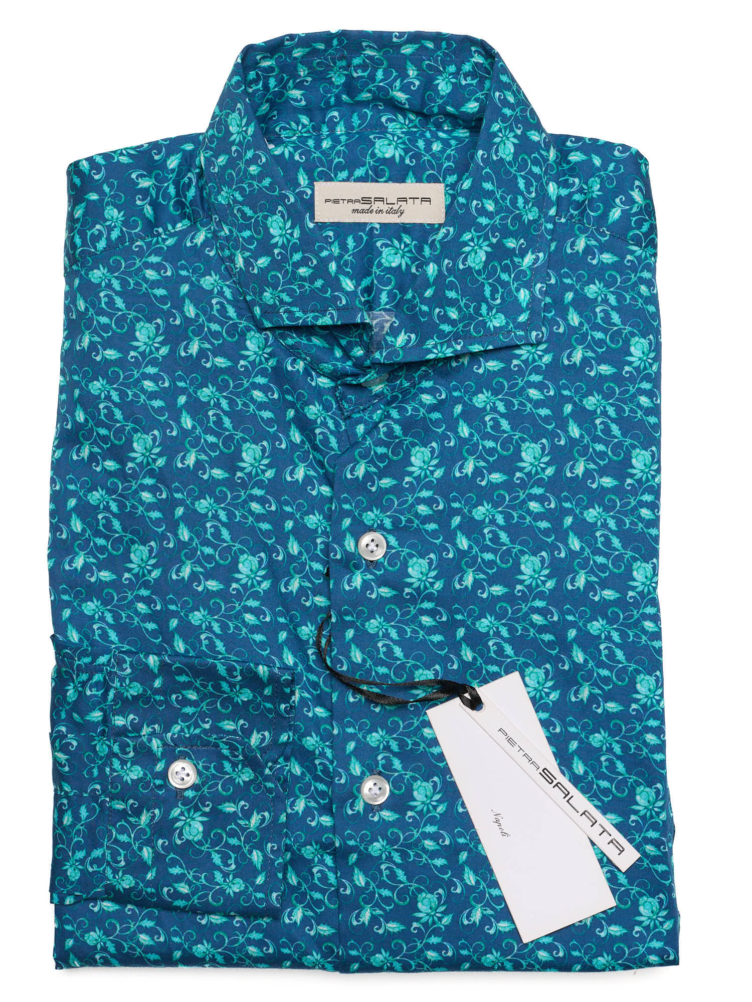 PIETRA SALATA Blue Floral Cotton Spread Collar Shirt
