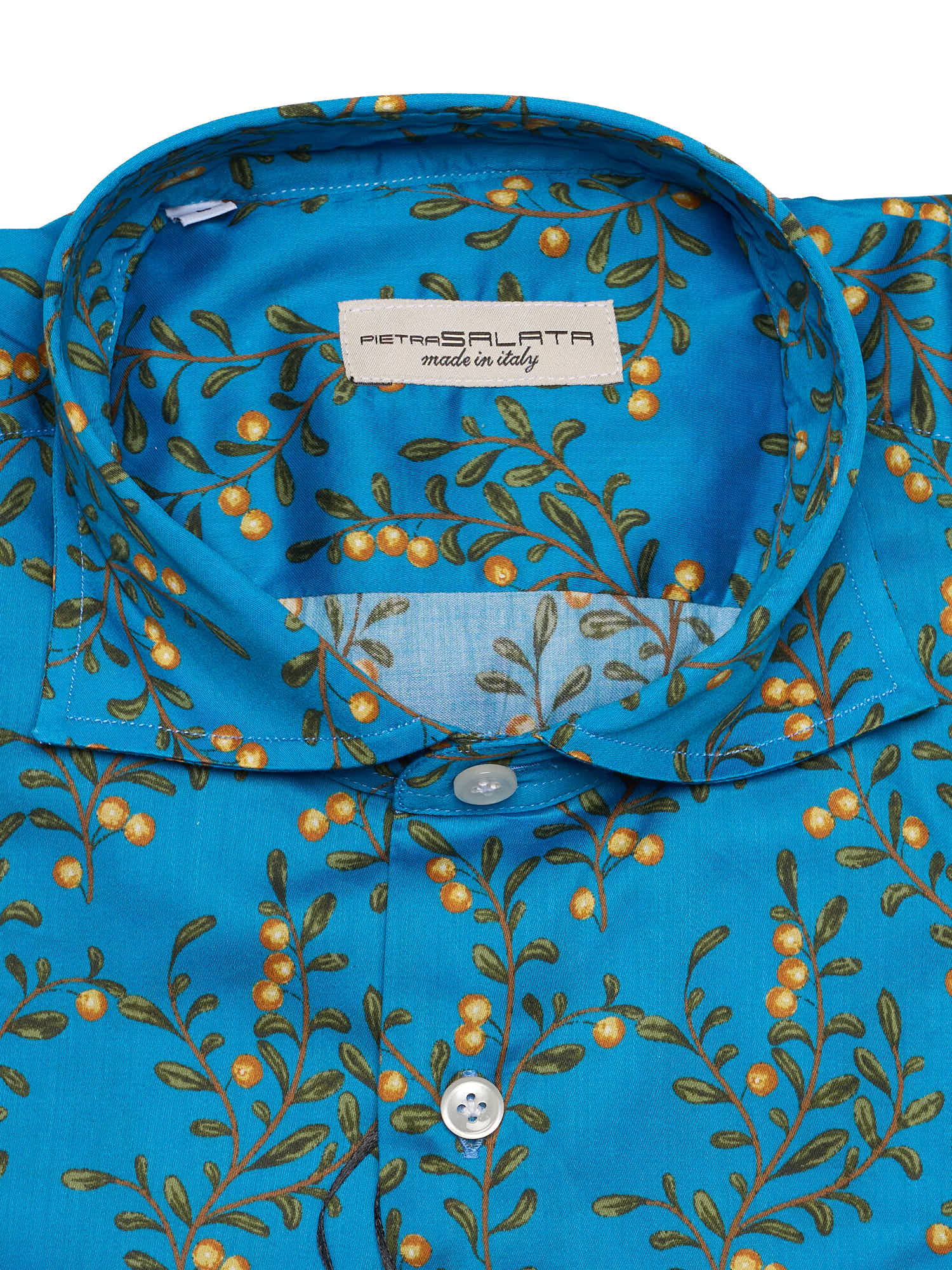 PIETRA SALATA Blue Floral Pattern Orange Flower Cotton Spread Collar Shirt