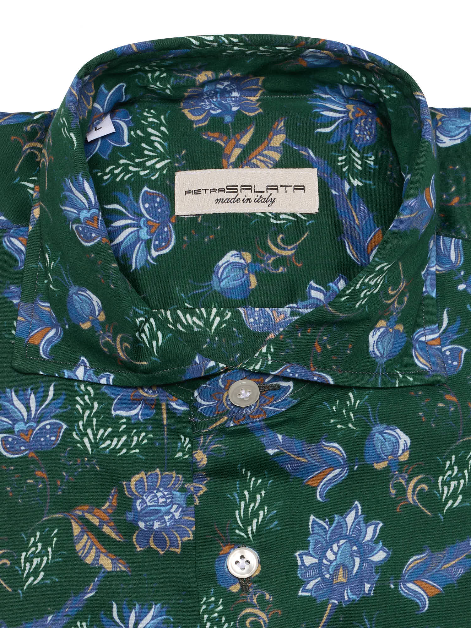 PIETRA SALATA Dark Green Floral Pattern Cotton Spread Collar Shirt