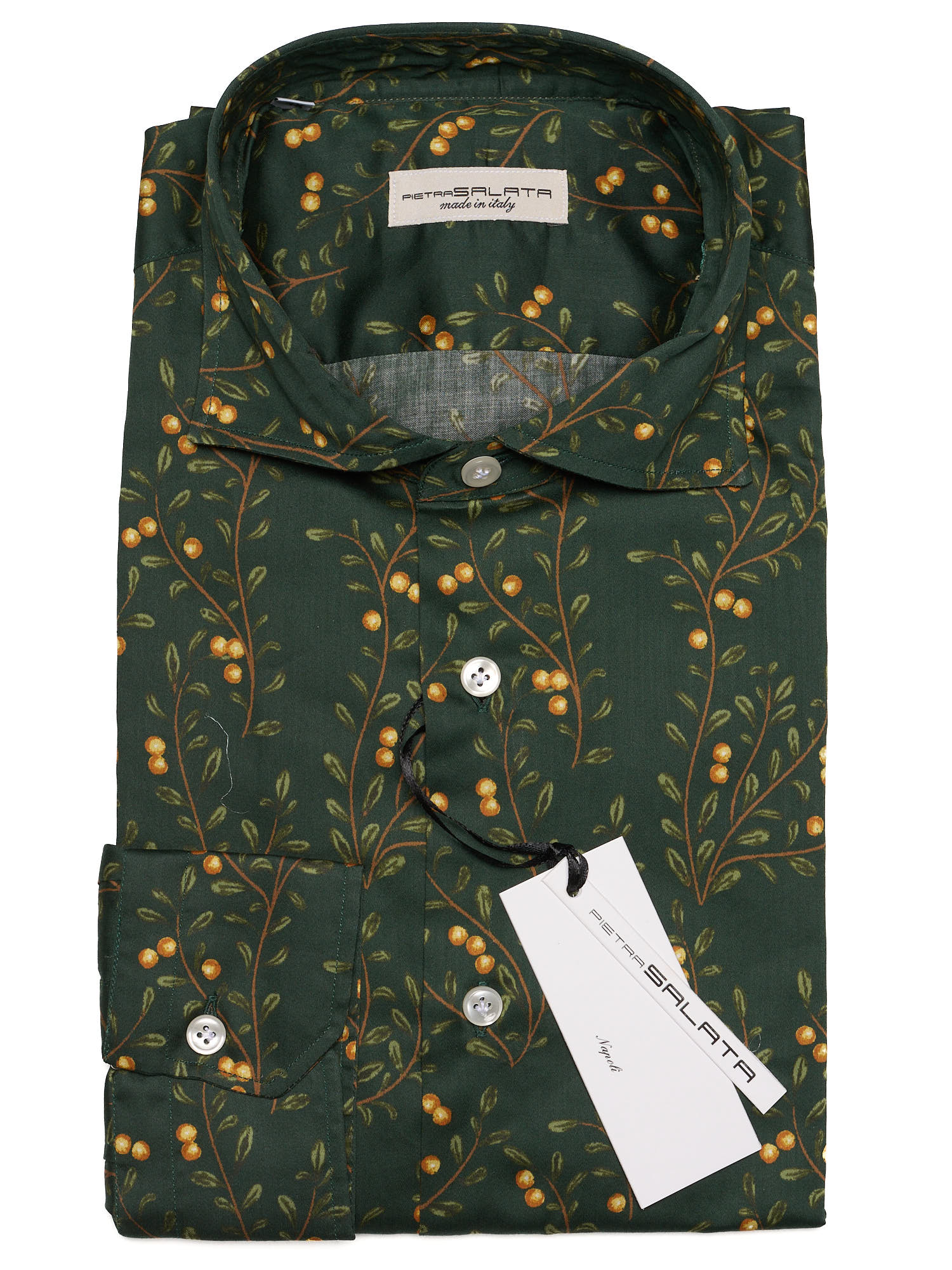 PIETRA SALATA Dark Green Orange Flower Pattern Cotton Spread Collar Shirt