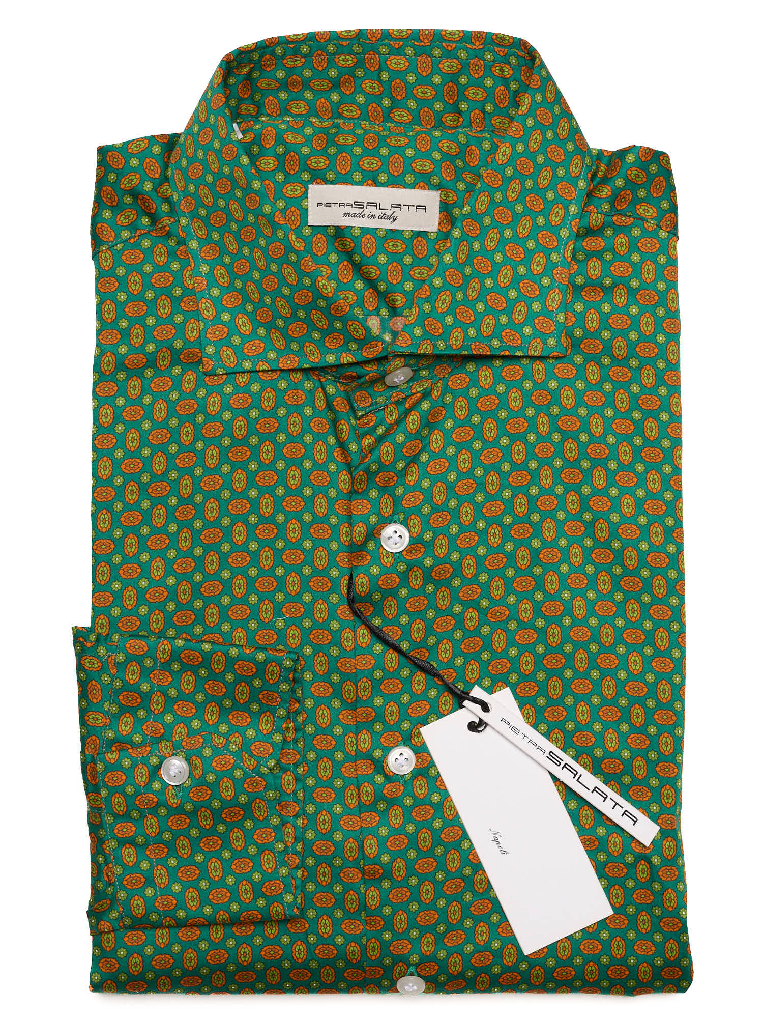 PIETRA SALATA Green-Orange Pattern Cotton Spread Collar Shirt