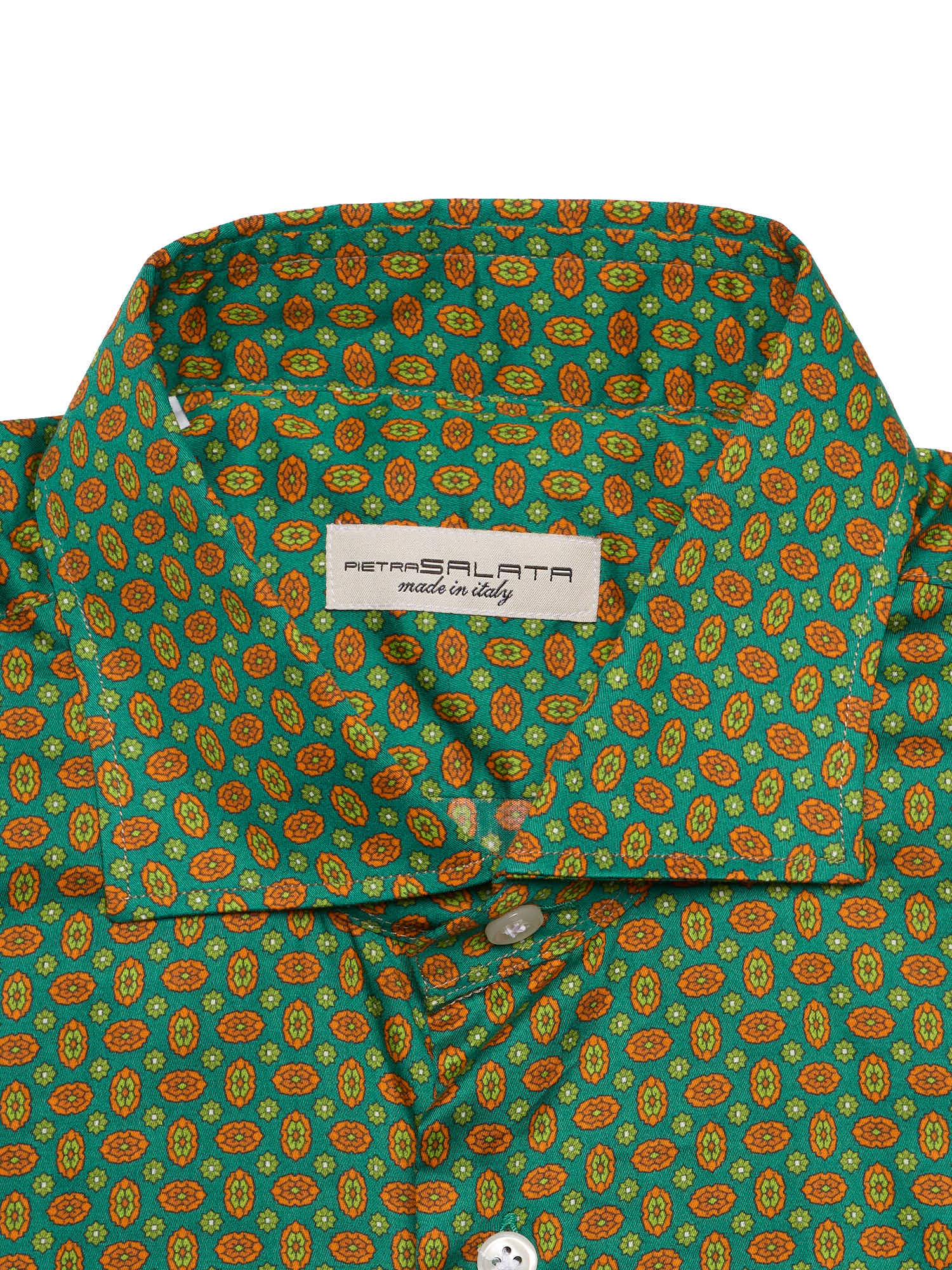 PIETRA SALATA Green-Orange Pattern Cotton Spread Collar Shirt