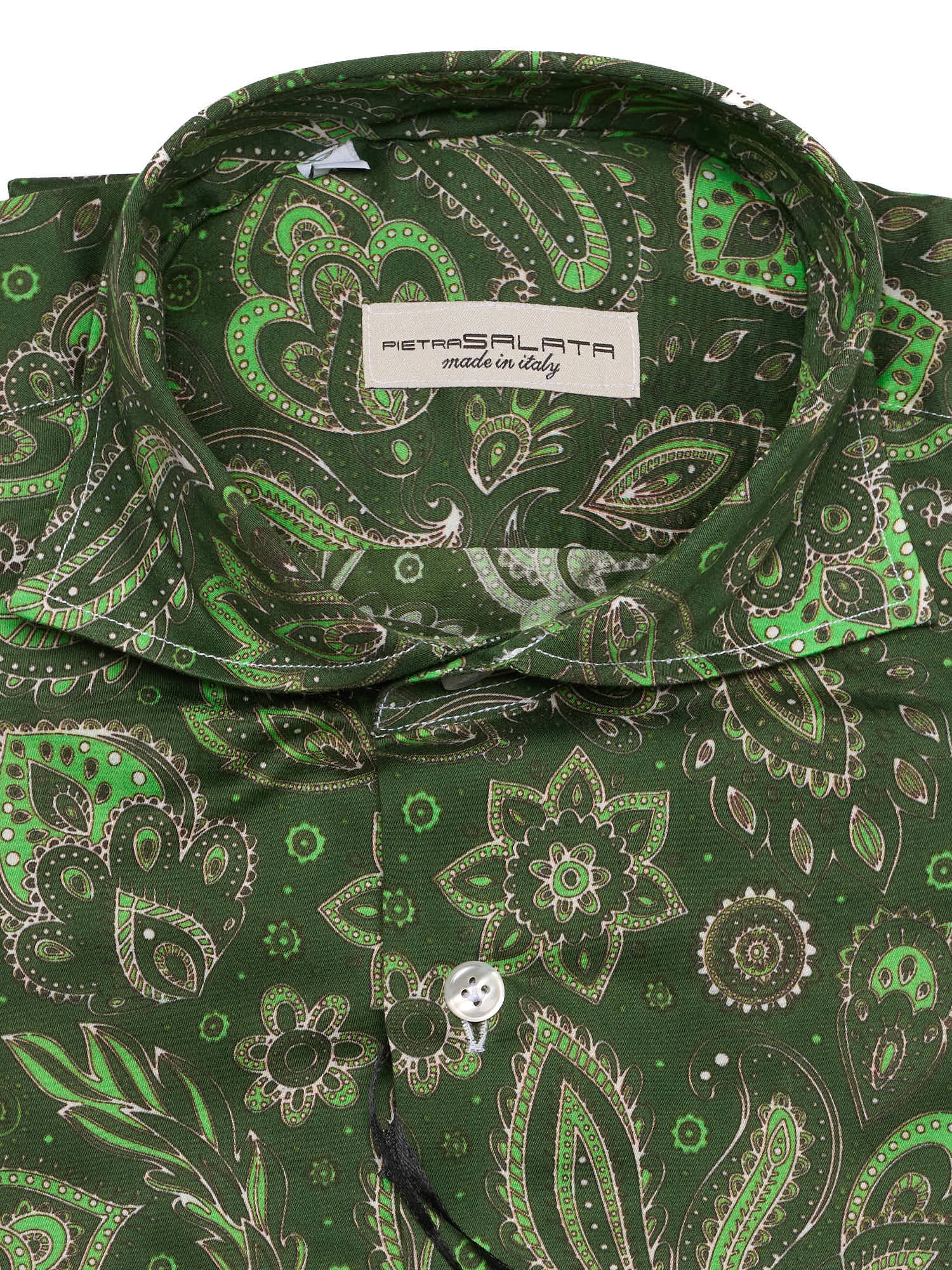 PIETRA SALATA Green Paisley Cotton Spread Collar Shirt