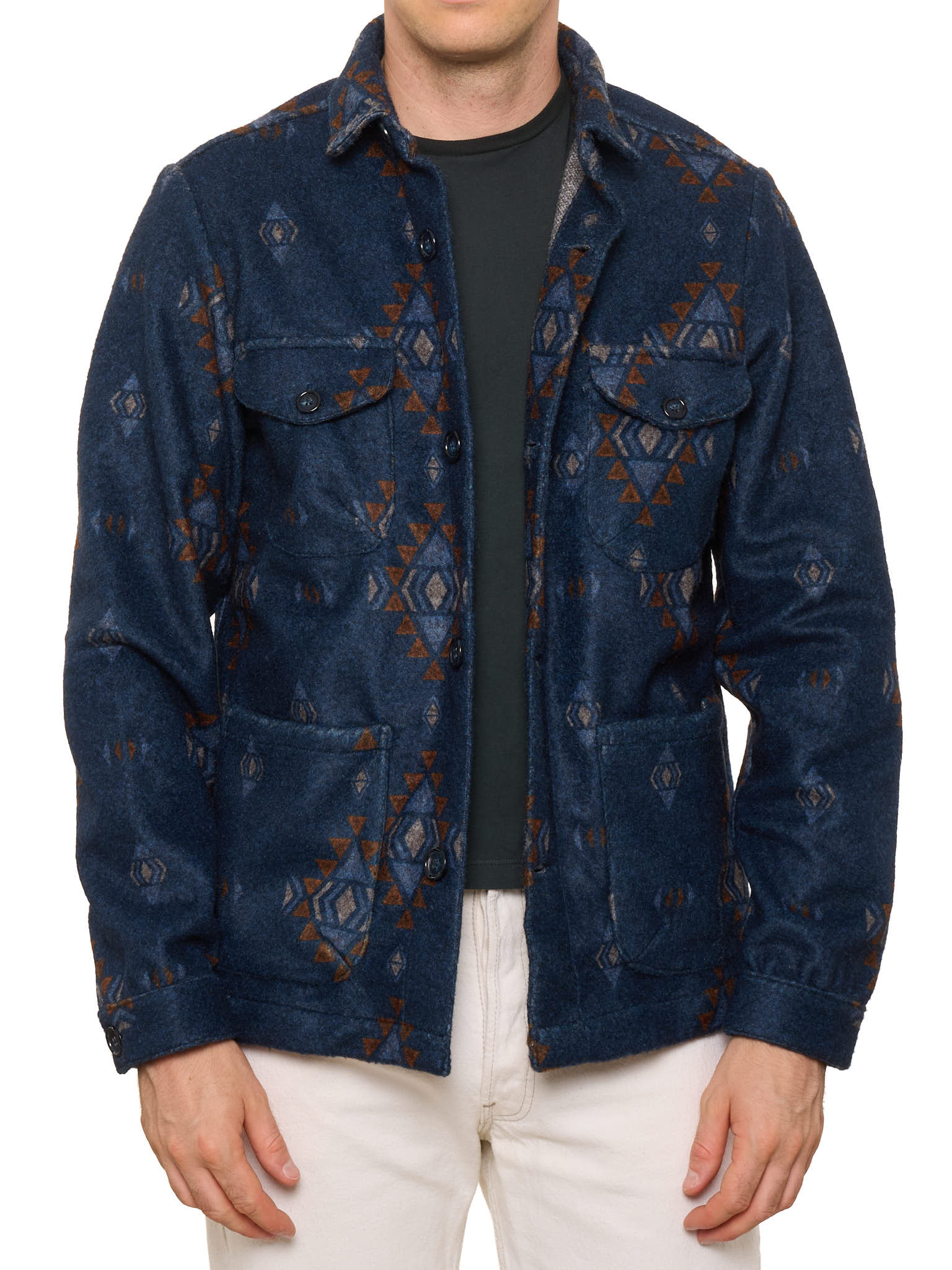 PIETRA SALATA Napoli Blue Navajo Geometric Pattern Safari Jacket Overshirt NEW