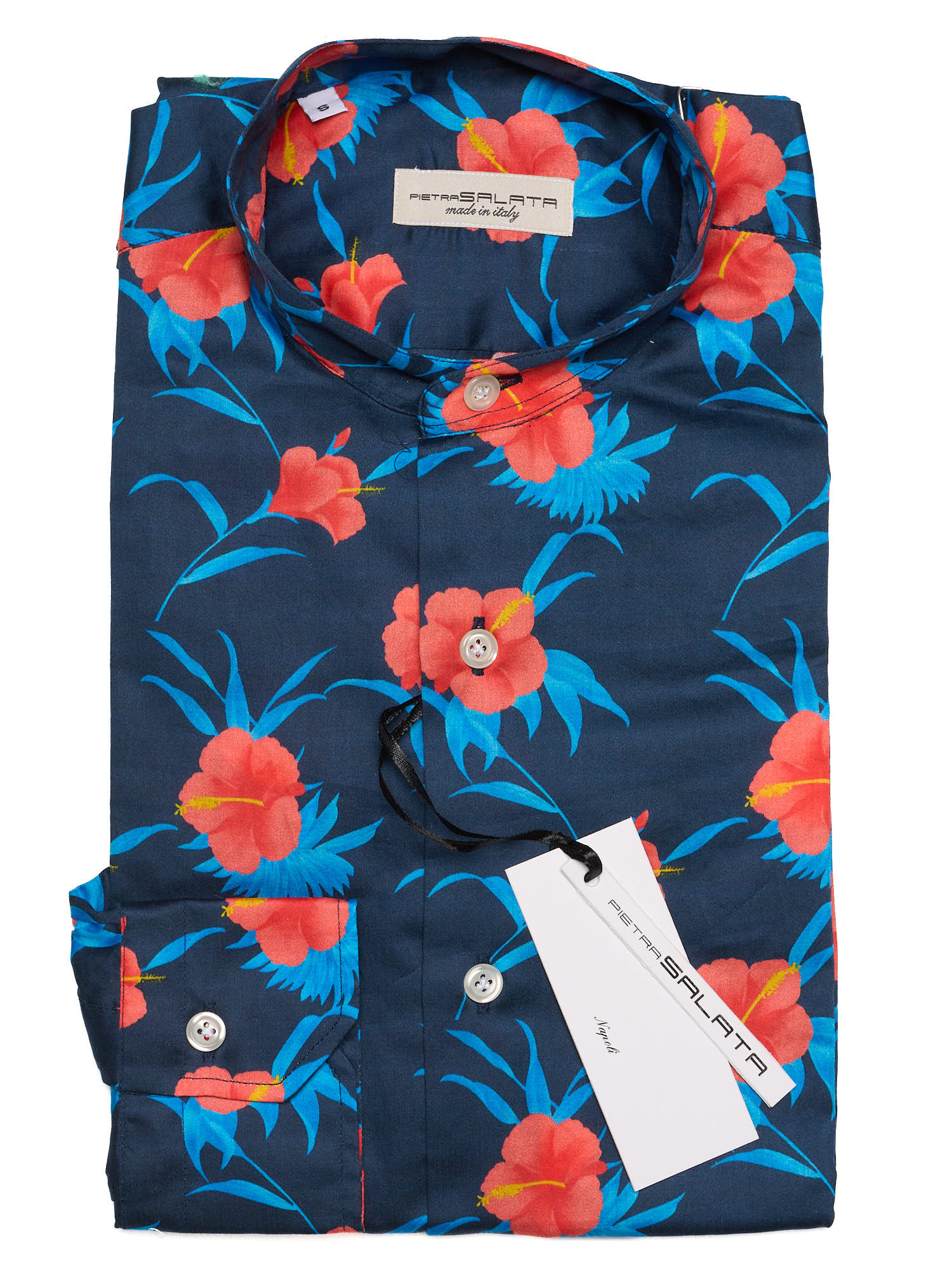 PIETRA SALATA Navy Blue Floral Pattern Cotton Mandarin Collar Shirt