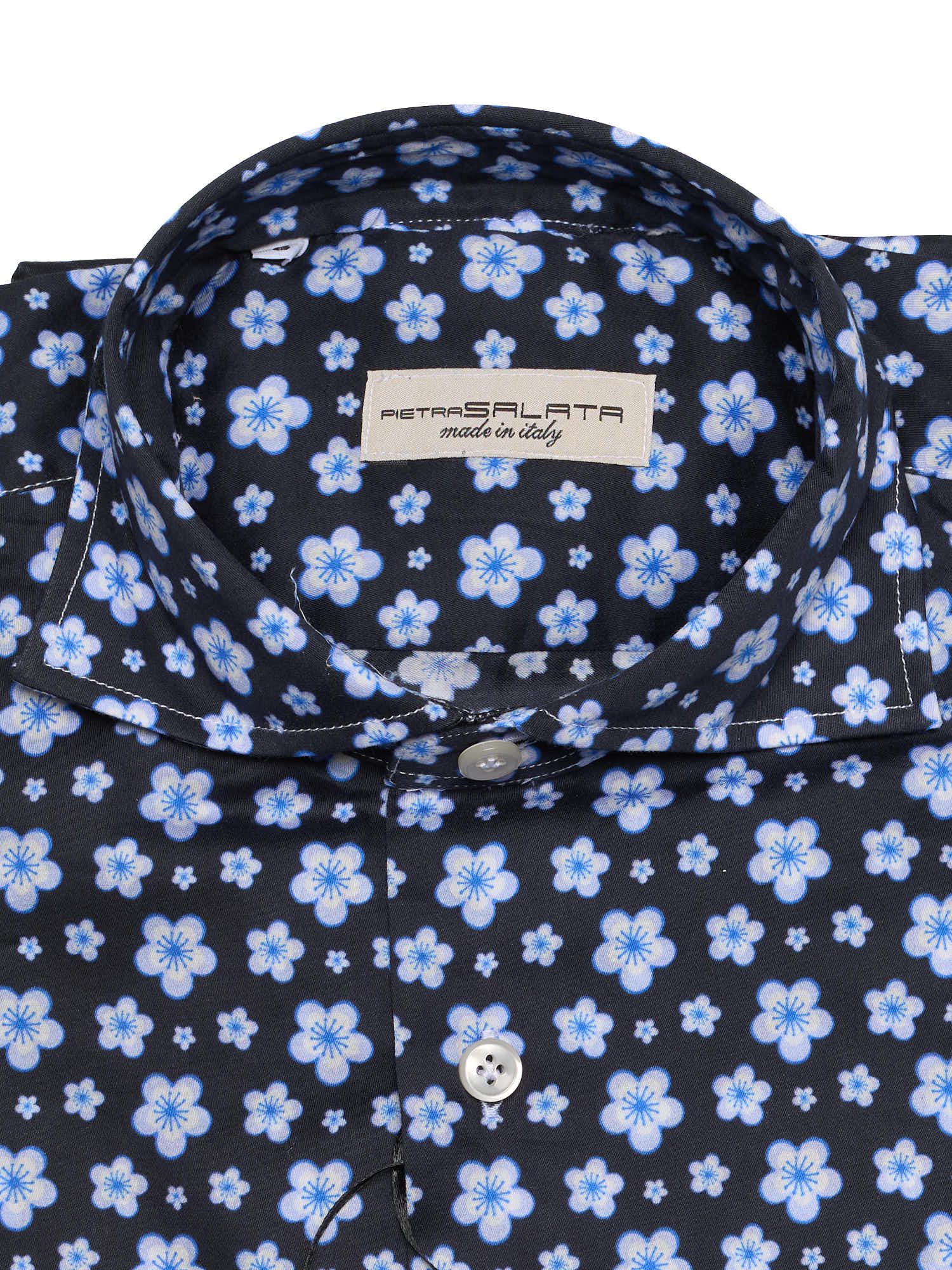 PIETRA SALATA Navy Blue Floral Pattern Cotton Spread Collar Shirt