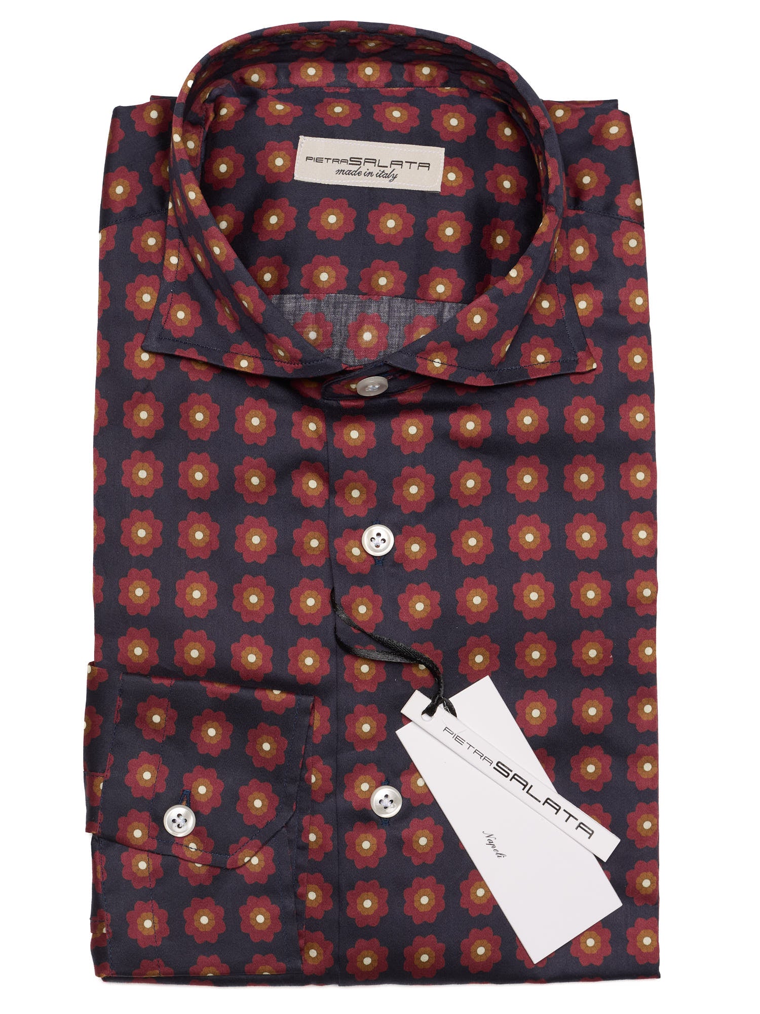 PIETRA SALATA Navy Blue Medallion Cotton Spread Collar Shirt