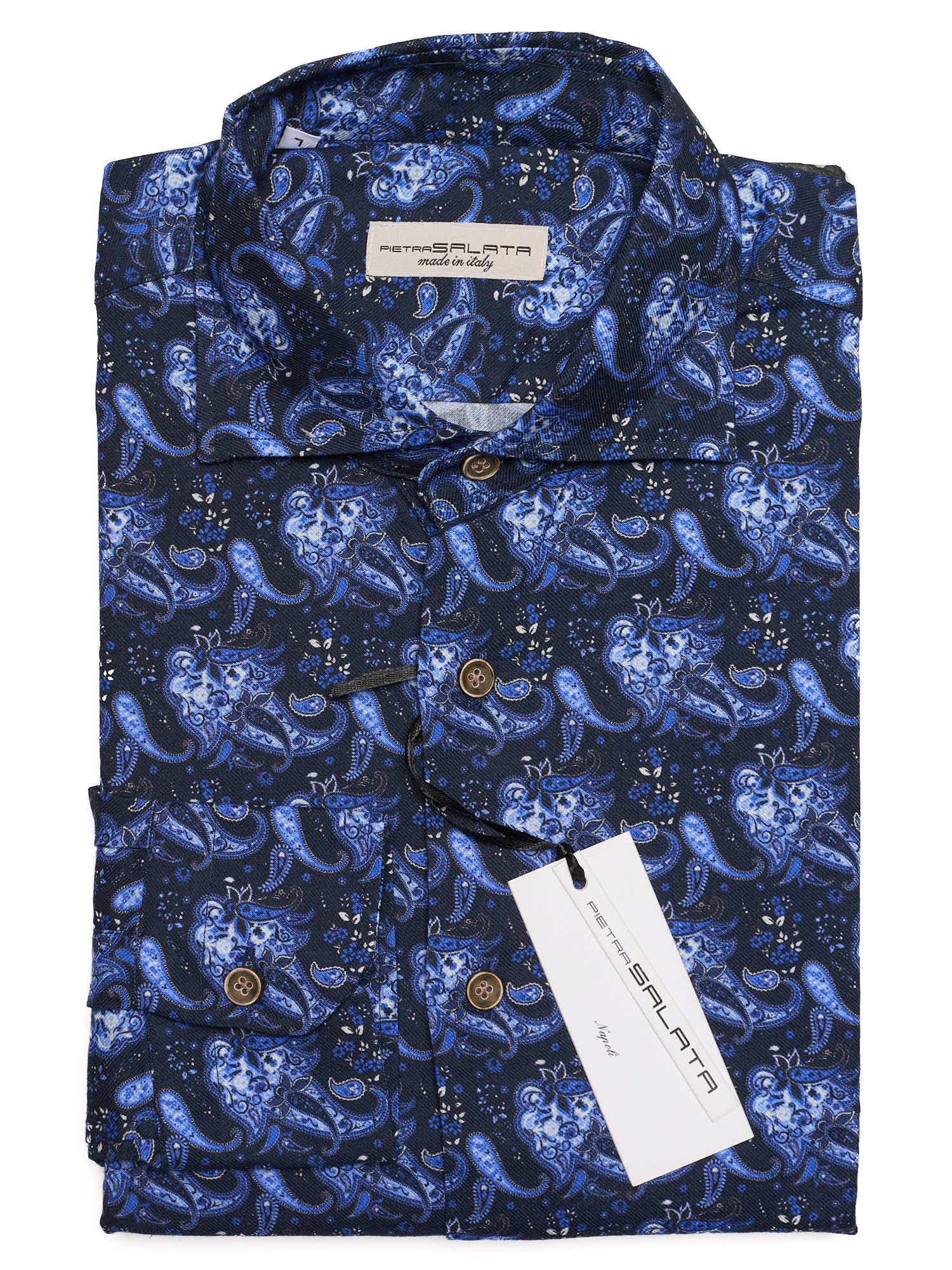 PIETRA SALATA Blue Paisley Cotton Spread Collar Shirt