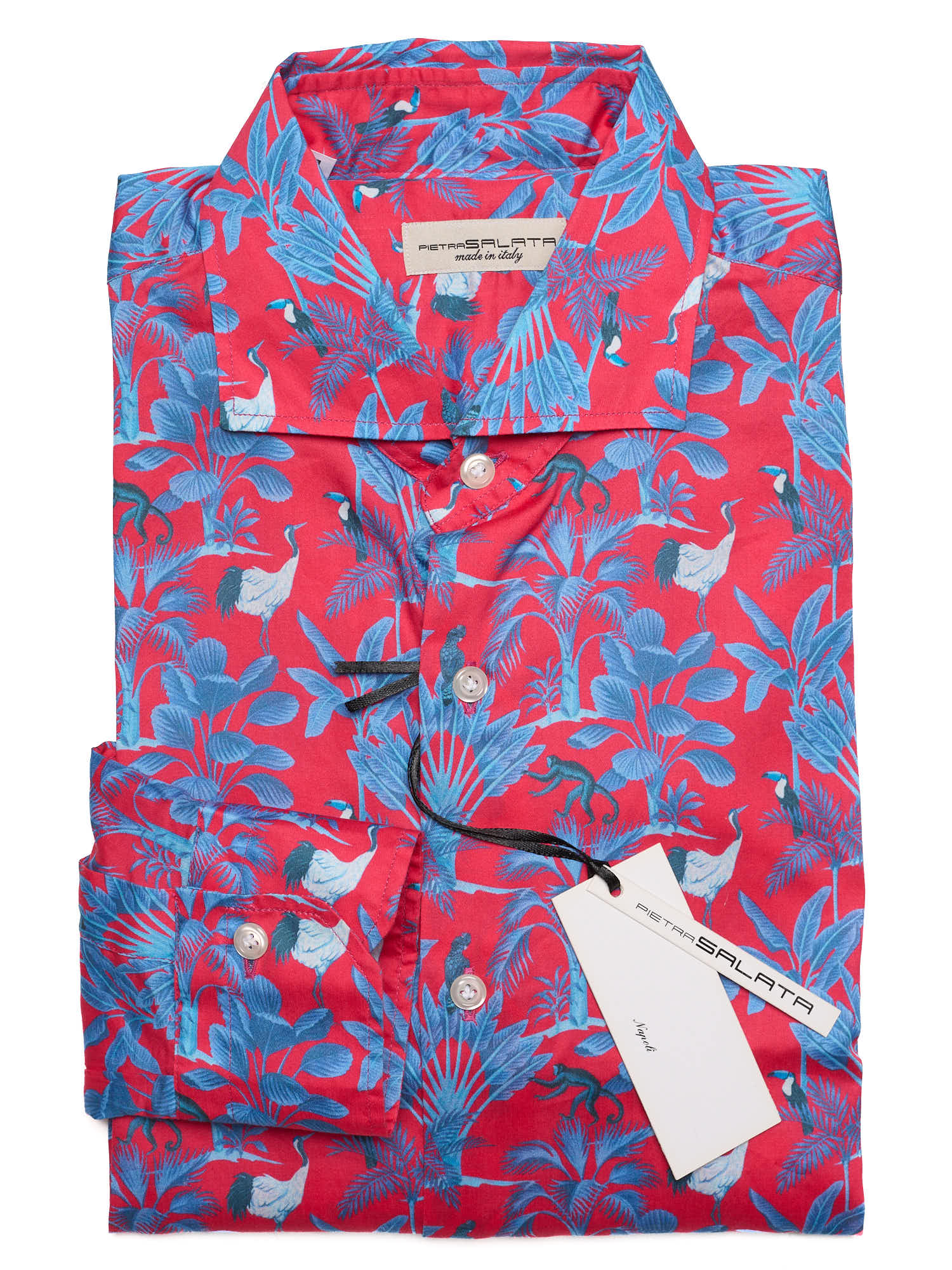 PIETRA SALATA Red-Blue Pattern Cotton Spread Collar Shirt