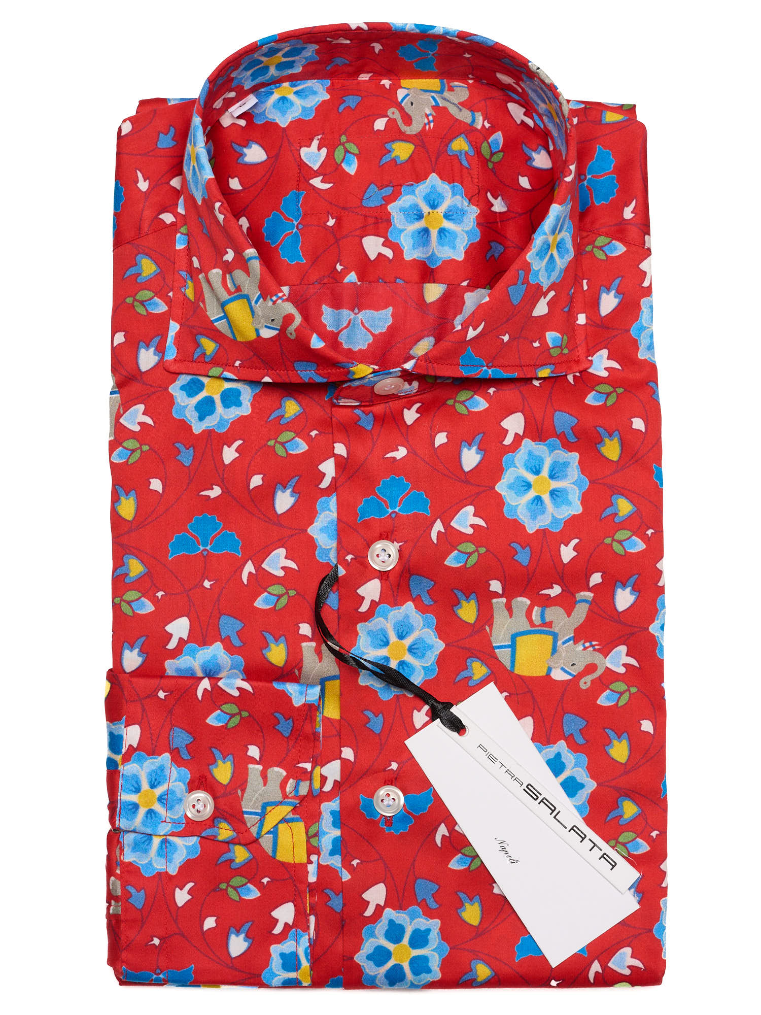 PIETRA SALATA Red Floral Elephant Pattern Cotton Spread Collar Shirt