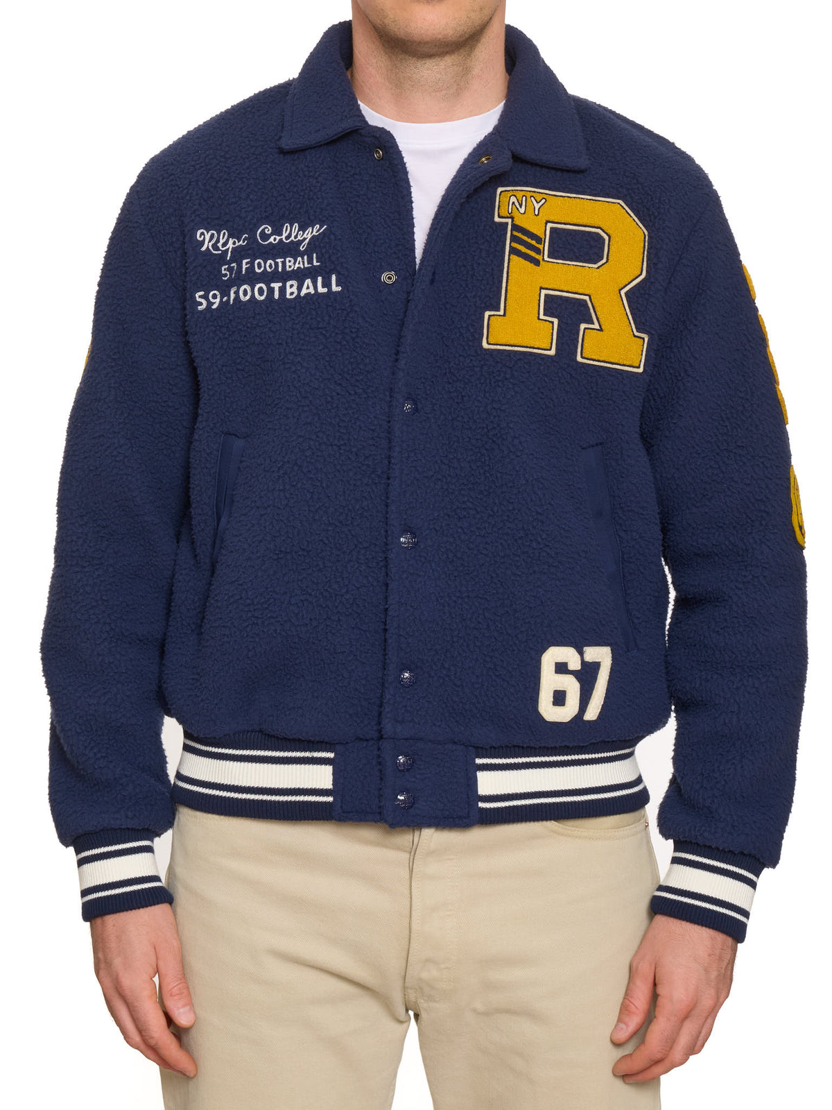 POLO RALPH LAUREN Blue Curly Pile Fleece Letterman Varsity Jacket