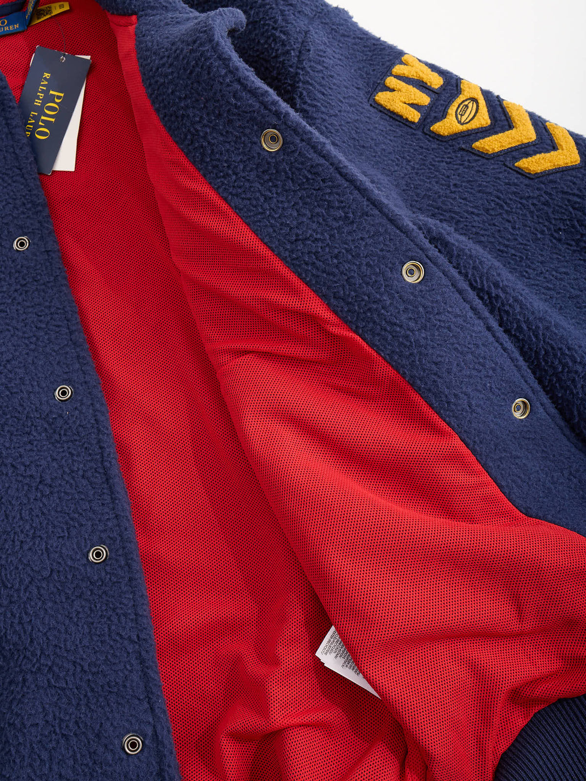 POLO RALPH LAUREN Blue Curly Pile Fleece Letterman Varsity Jacket