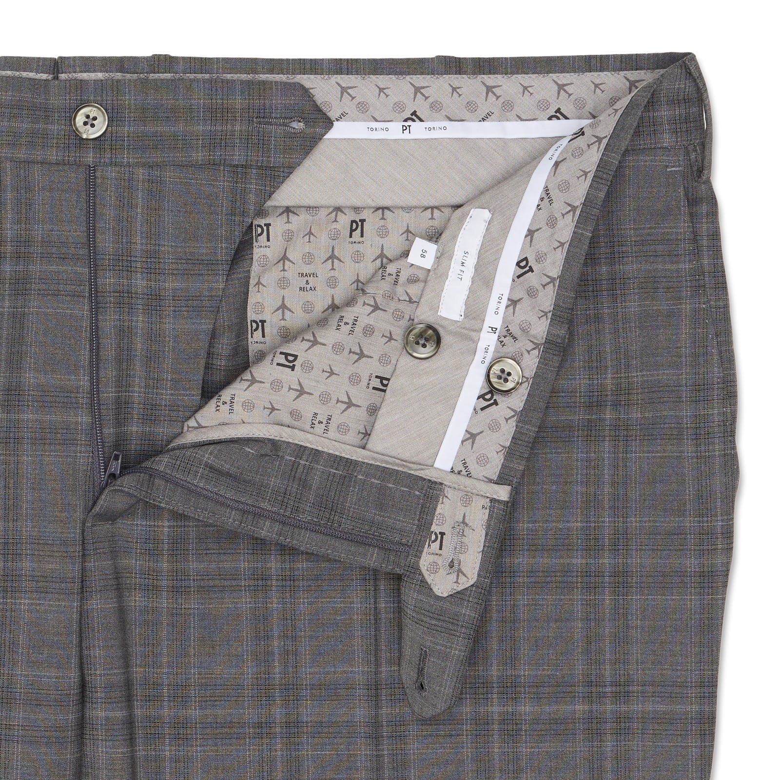 PT PANTALONI TORINO Gray Prince of Wales Wool-Polyester Slim Fit Pants NEW US 42