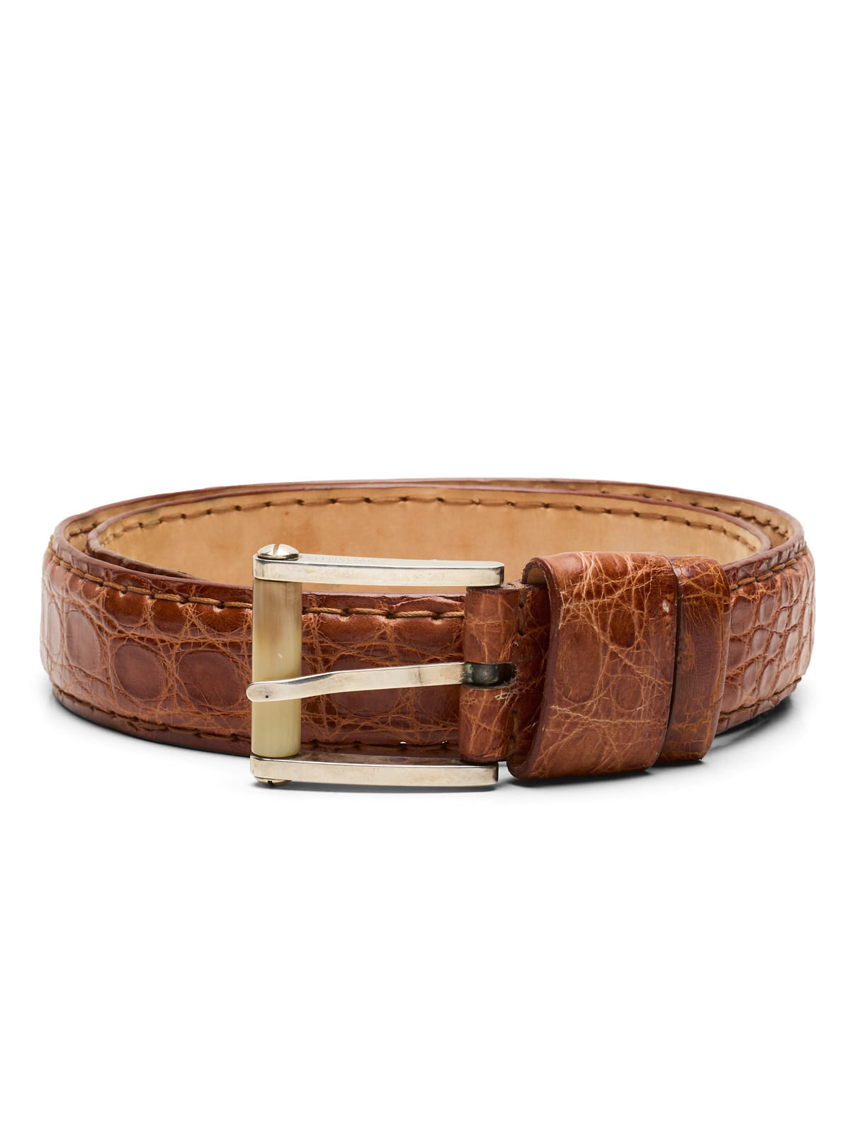 Cognac crocodile belt/sterling buckle Embossed Crocodile Belt with Brushed Nickel Buckle - w.kleinberg main image 3