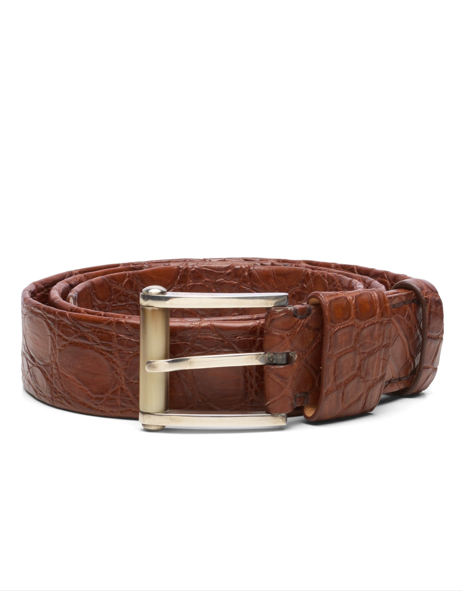 ROMANELLI Firenze Crocodile Silver-Horn Buckle Hand-stitched Tubular Belt 90cm 36"