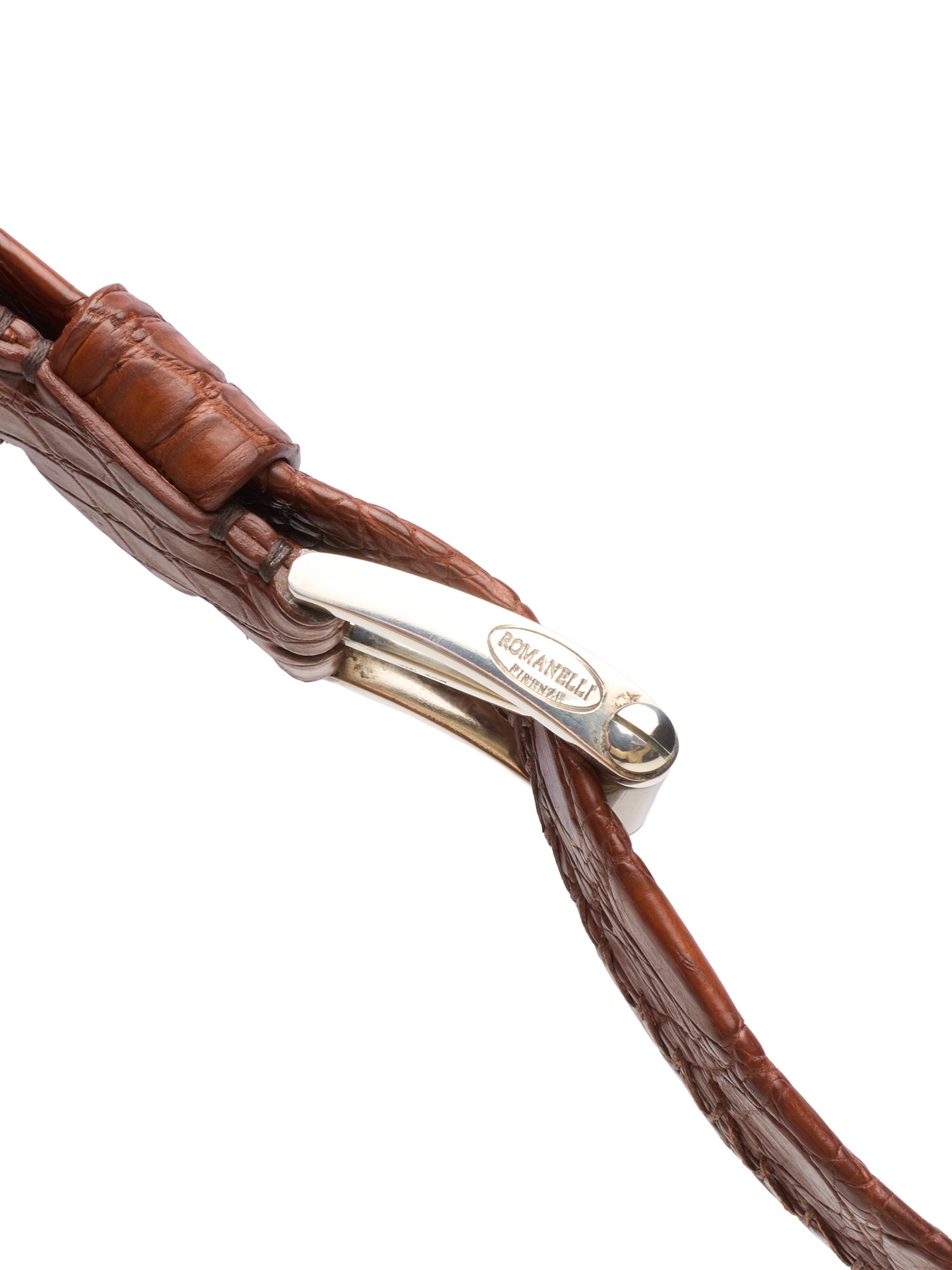 ROMANELLI Firenze Crocodile Silver-Horn Buckle Hand-stitched Tubular Belt 90cm 36"