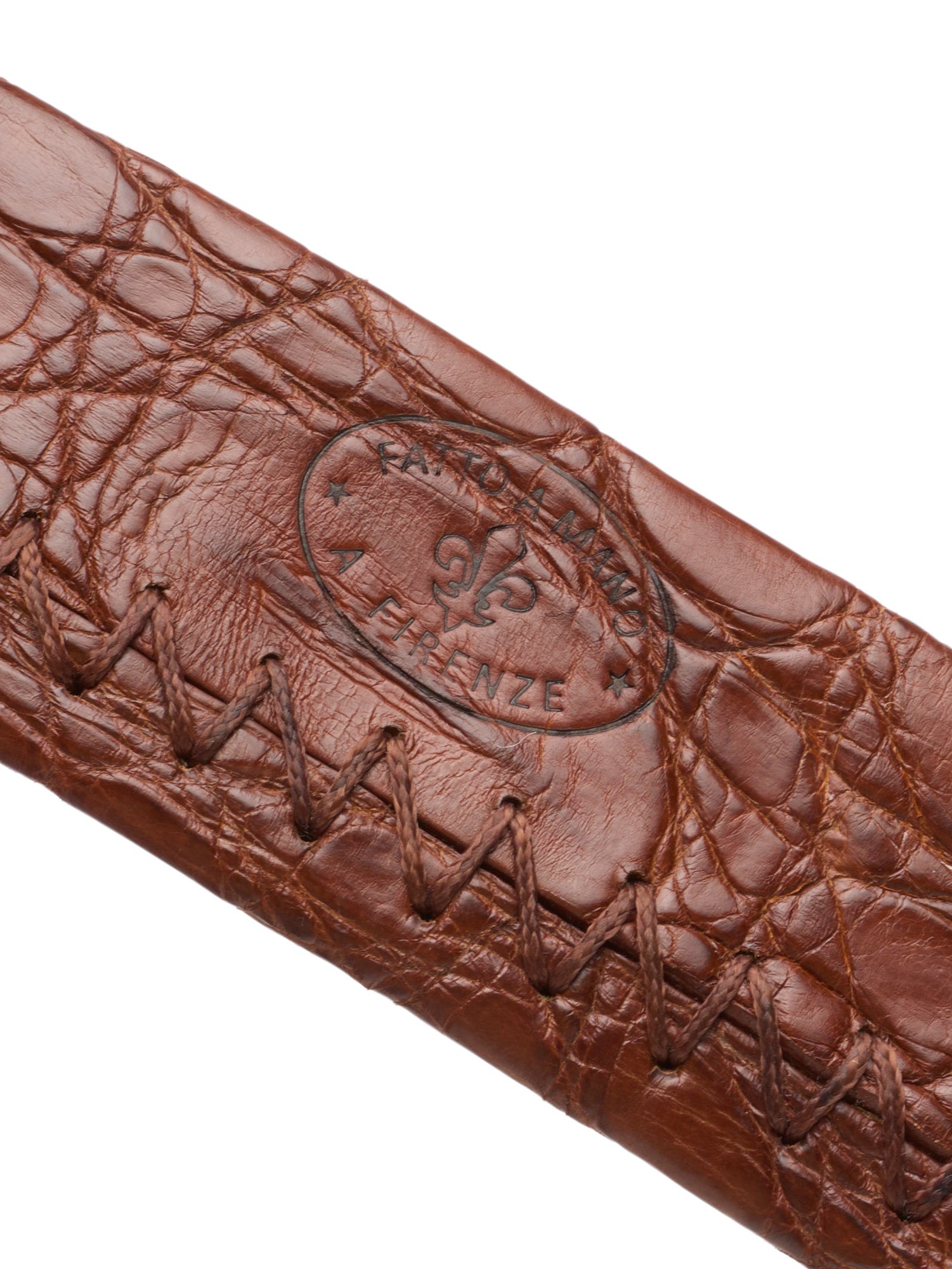 ROMANELLI Firenze Crocodile Silver-Horn Buckle Hand-stitched Tubular Belt 90cm 36"