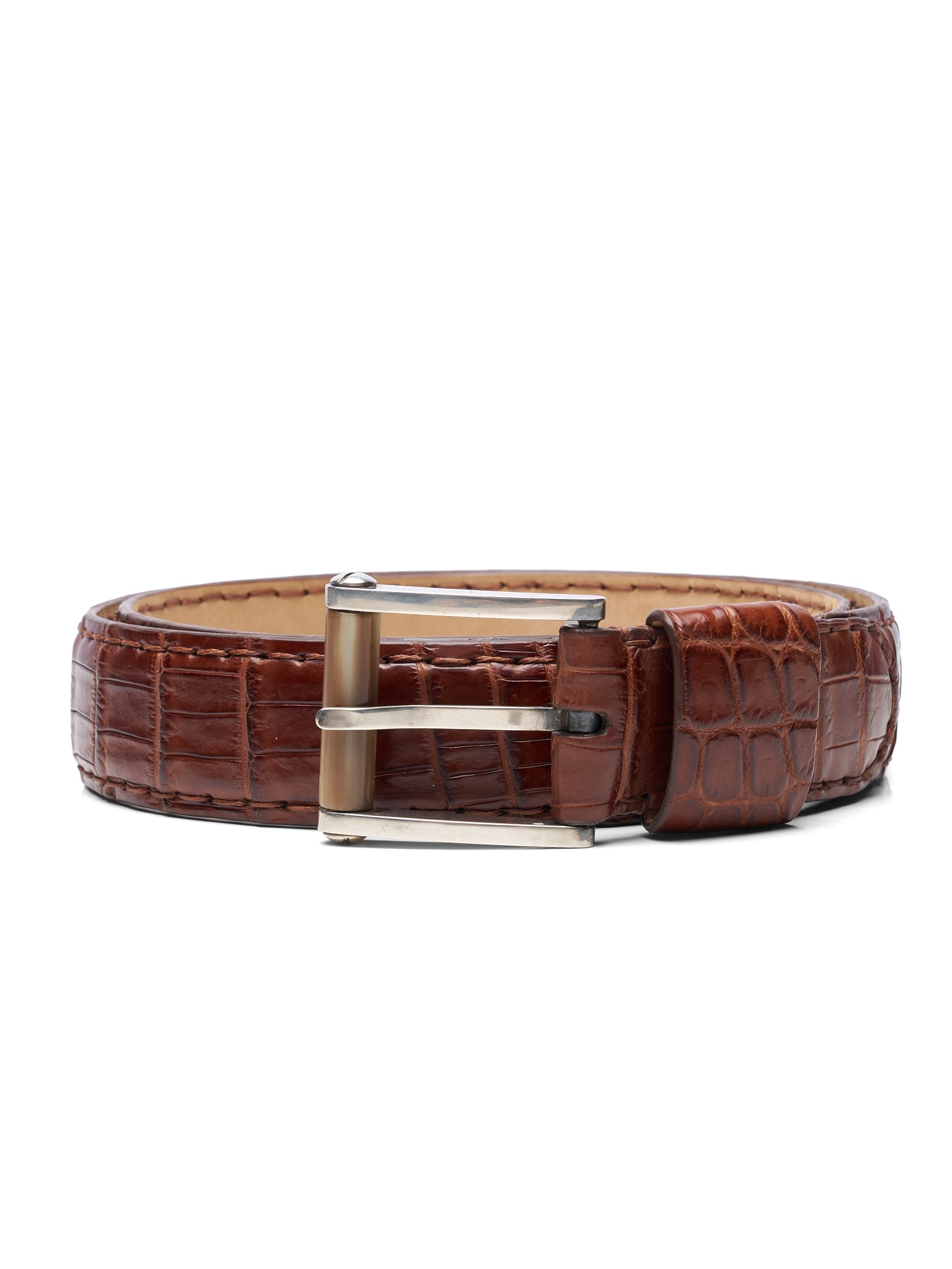 ROMANELLI Firenze Brown Crocodile Skin Silver-Horn Buckle Belt 90cm 36"