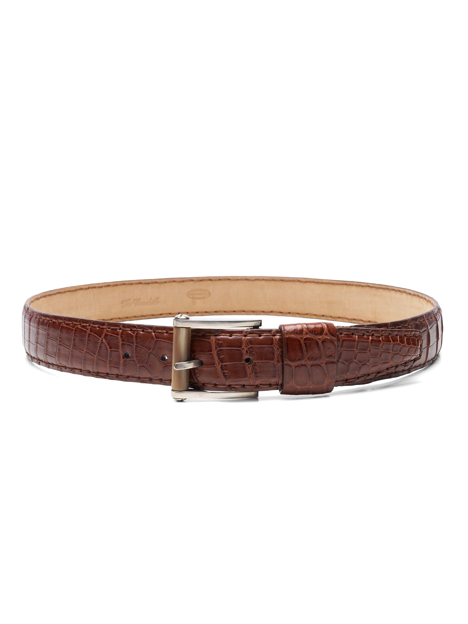 ROMANELLI Firenze Brown Crocodile Skin Silver-Horn Buckle Belt 90cm 36"