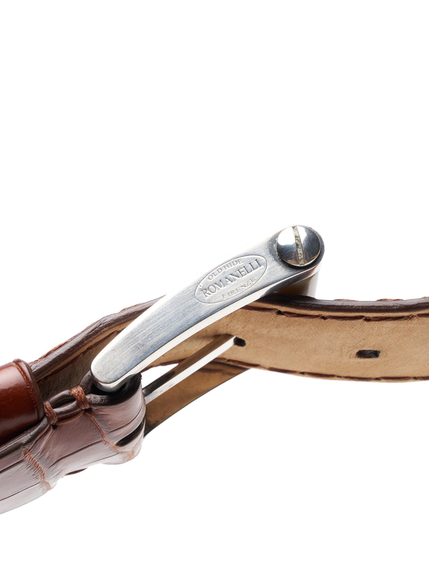 ROMANELLI Firenze Brown Crocodile Skin Silver-Horn Buckle Belt 90cm 36"