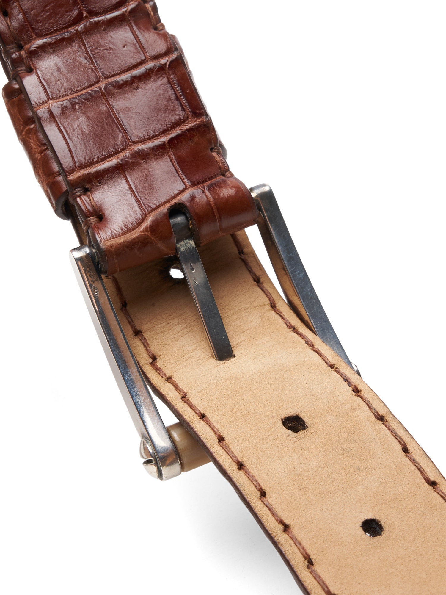 ROMANELLI Firenze Brown Crocodile Skin Silver-Horn Buckle Belt 90cm 36"