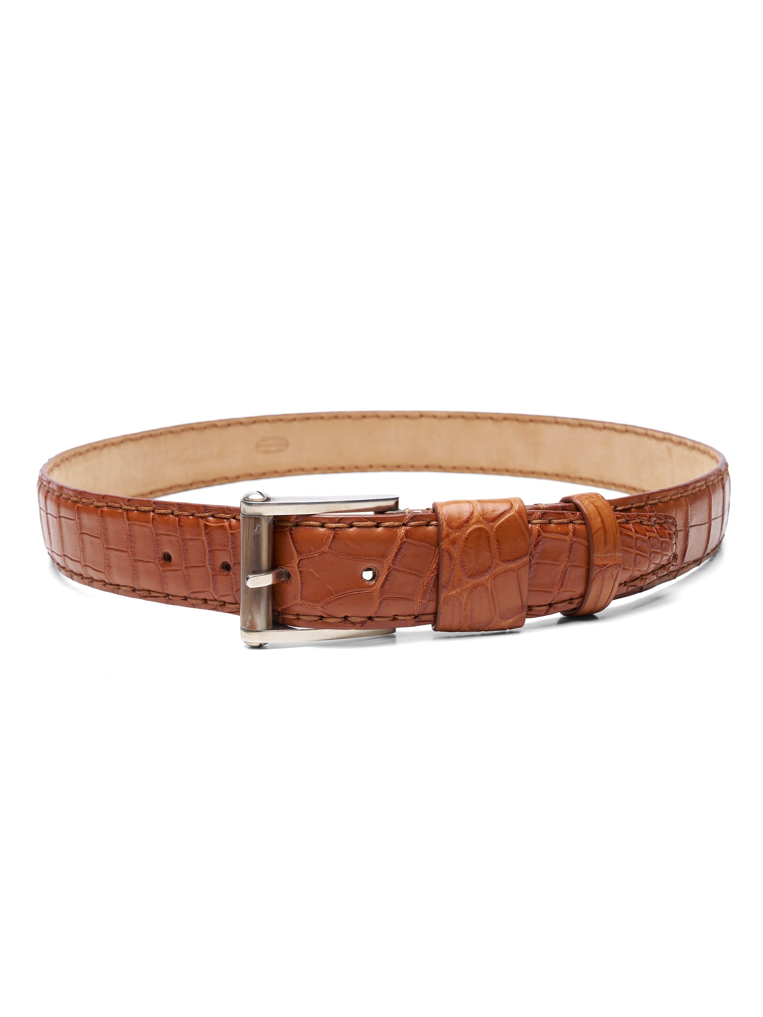 ROMANELLI Firenze Cognac Crocodile Skin Silver-Horn Buckle Belt 90cm 36"