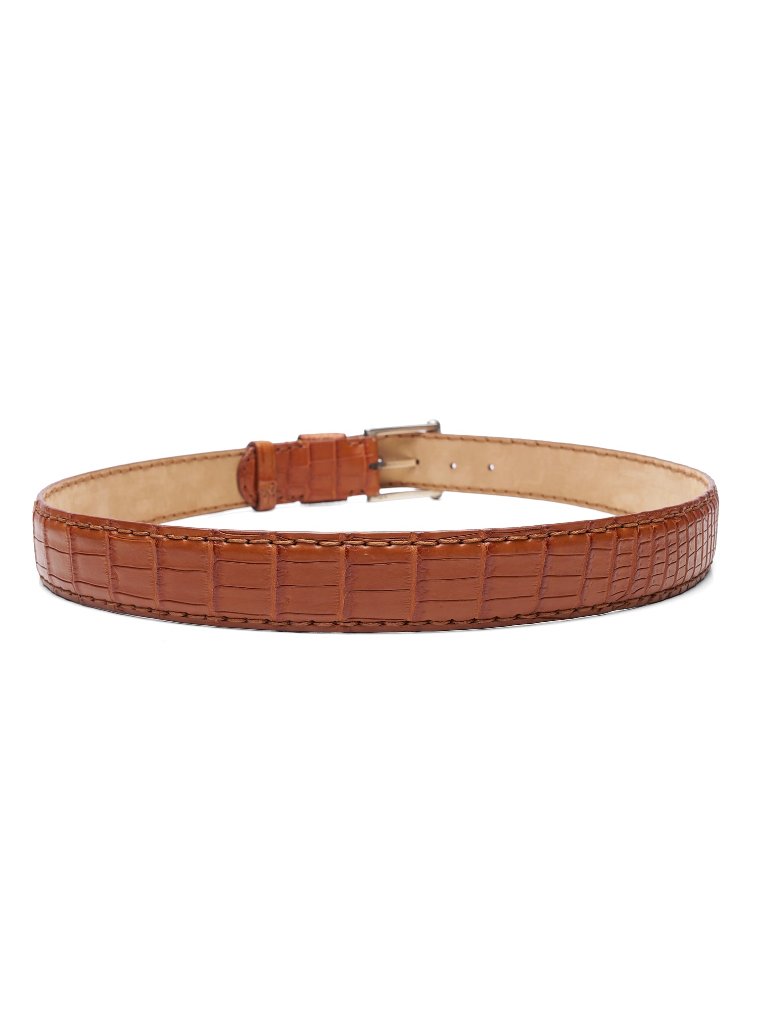 ROMANELLI Firenze Cognac Crocodile Skin Silver-Horn Buckle Belt 90cm 36"