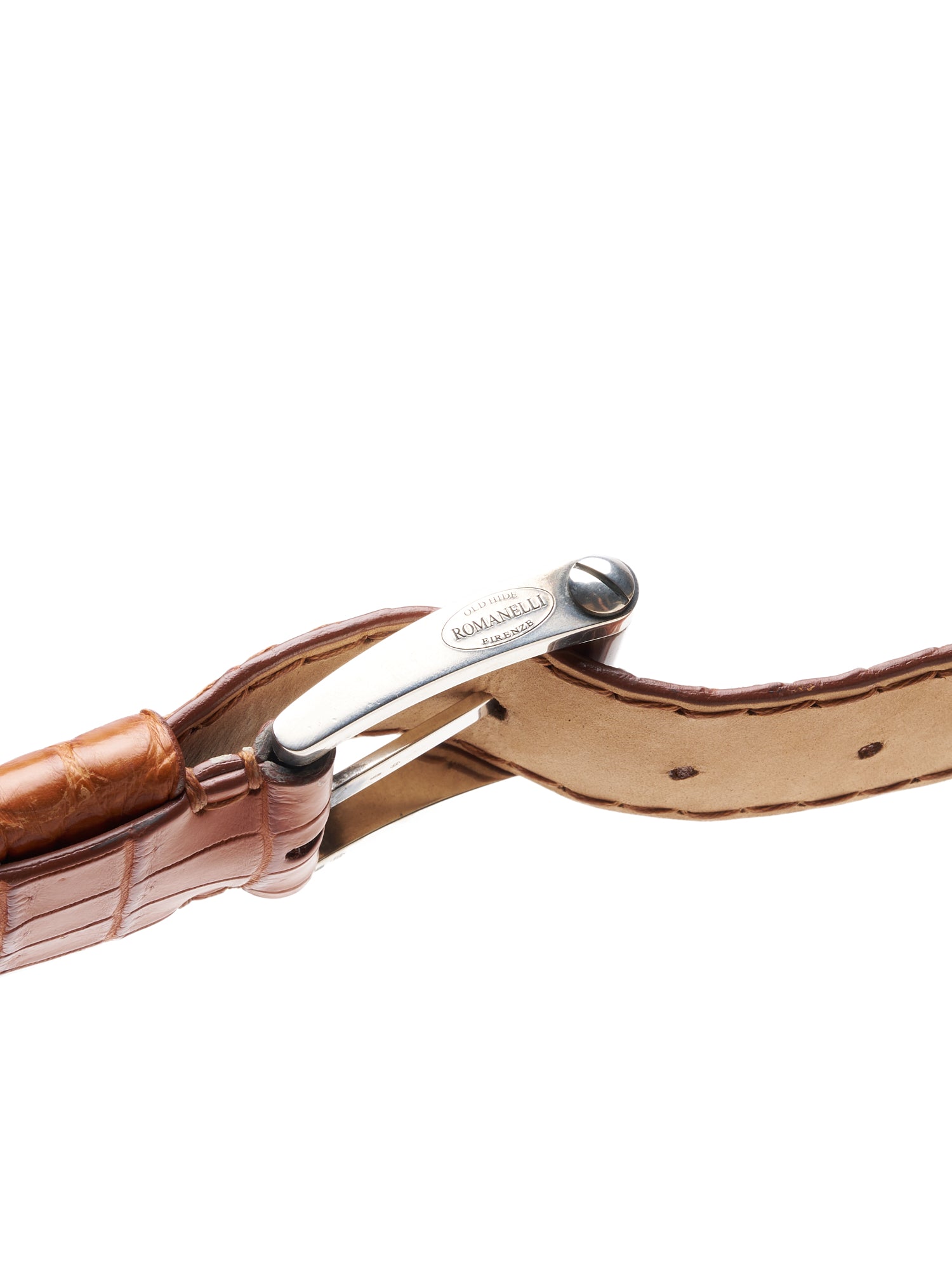 ROMANELLI Firenze Cognac Crocodile Skin Silver-Horn Buckle Belt 90cm 36"