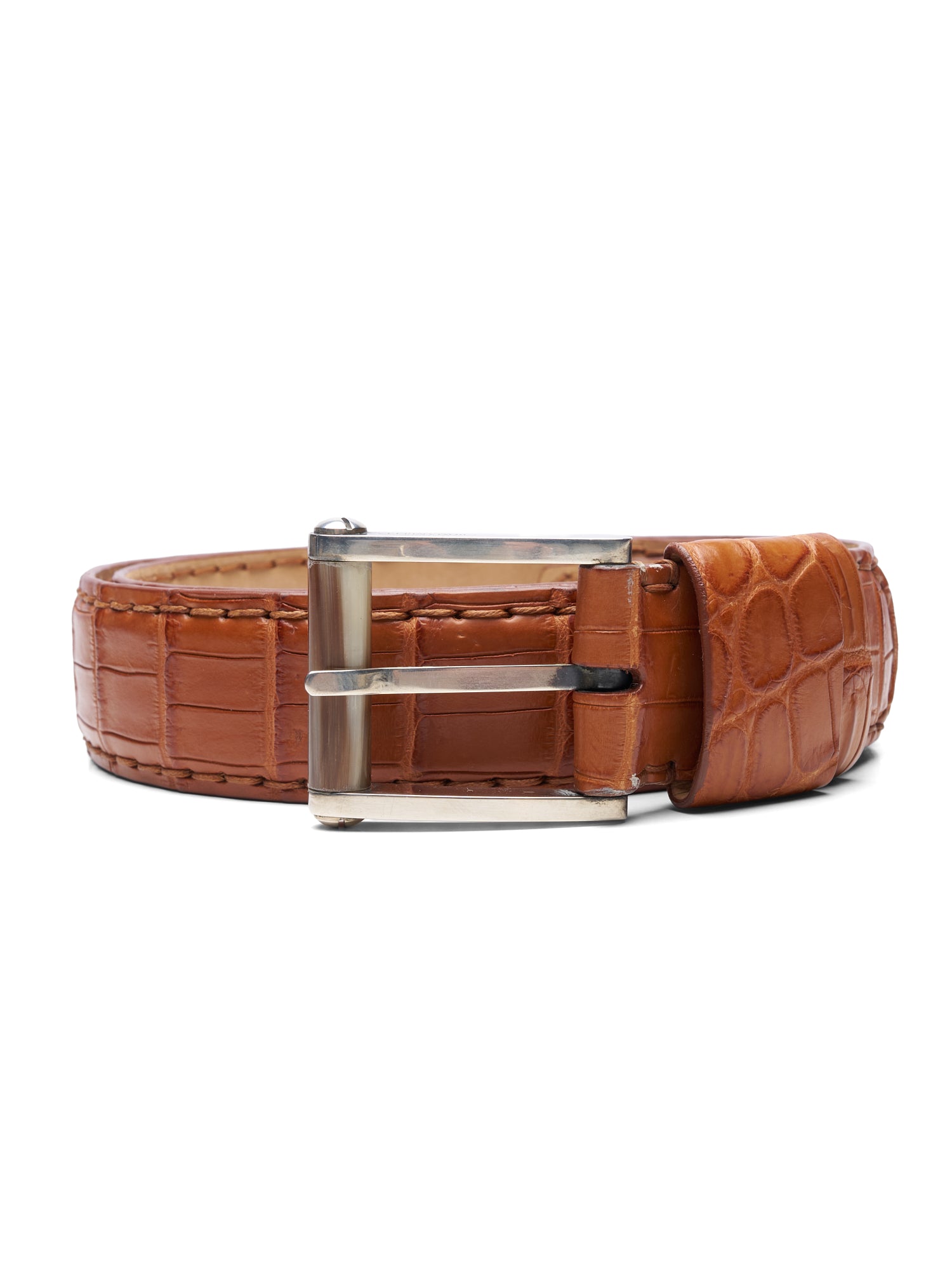 ROMANELLI Firenze Cognac Crocodile Skin Silver-Horn Buckle Belt 90cm 36"
