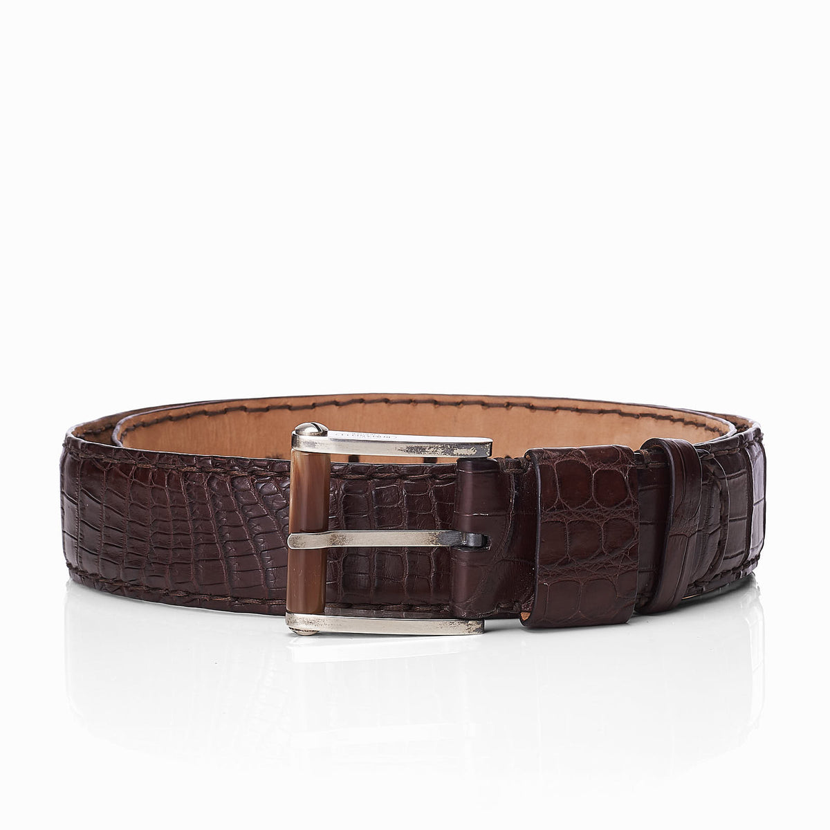Brown Crocodile Embossed Belt with Silver Buckle Dark brown mock crocodile belt with gold buckle – Elliot  main image 2