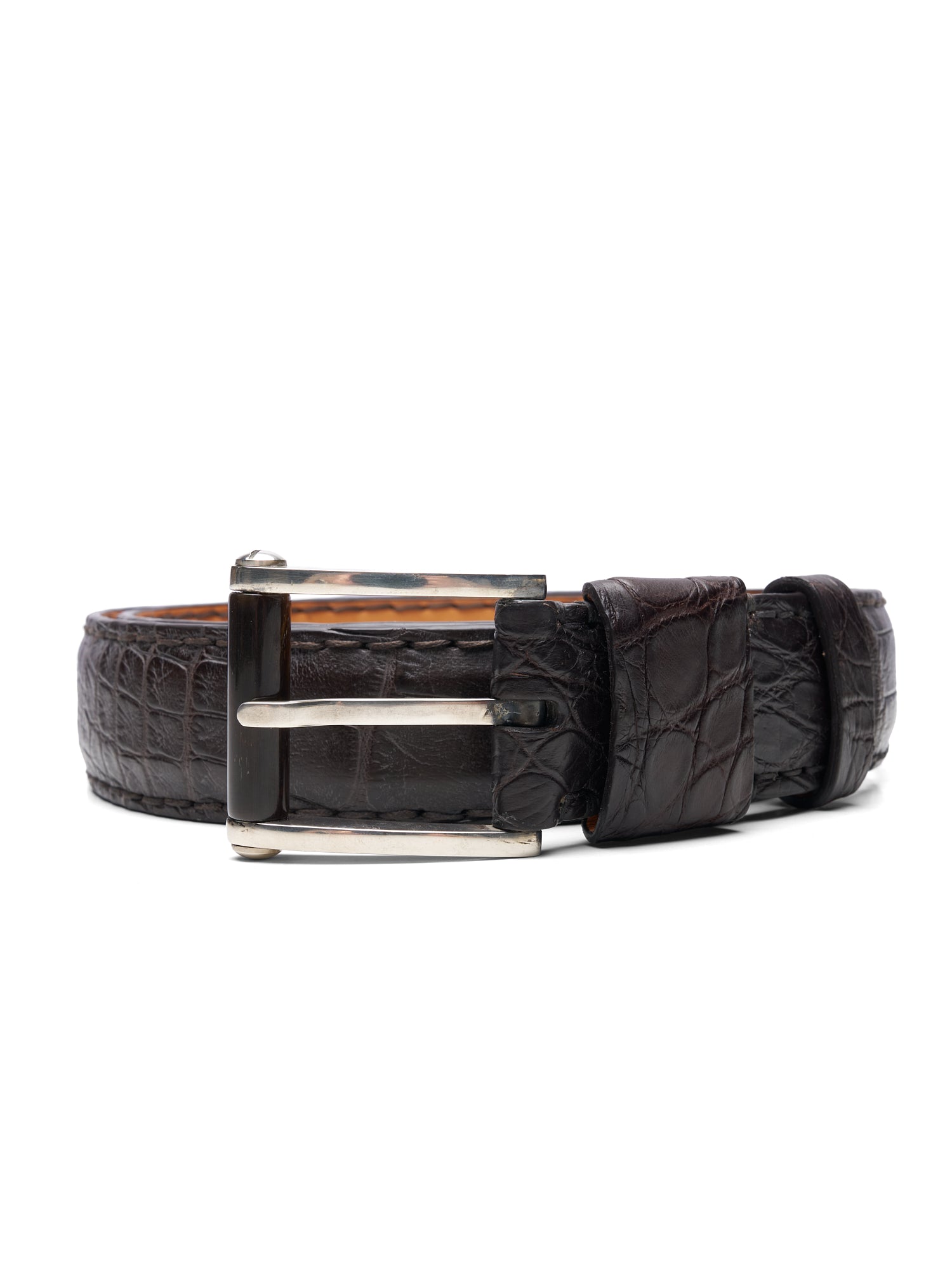 ROMANELLI Firenze Dark Brown Crocodile Silver-Horn Buckle Belt 90cm 36"
