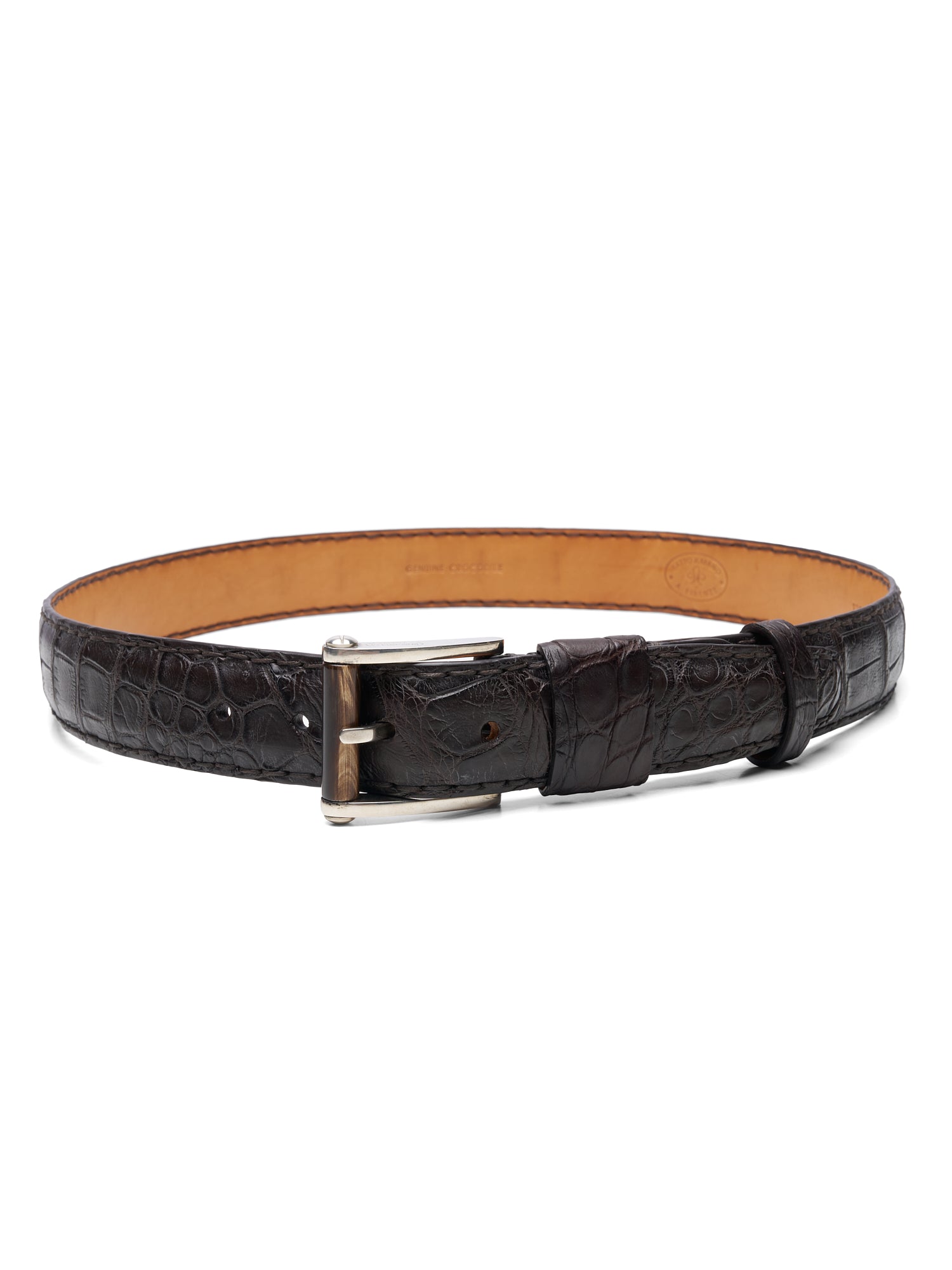 ROMANELLI Firenze Dark Brown Crocodile Silver-Horn Buckle Belt 90cm 36"