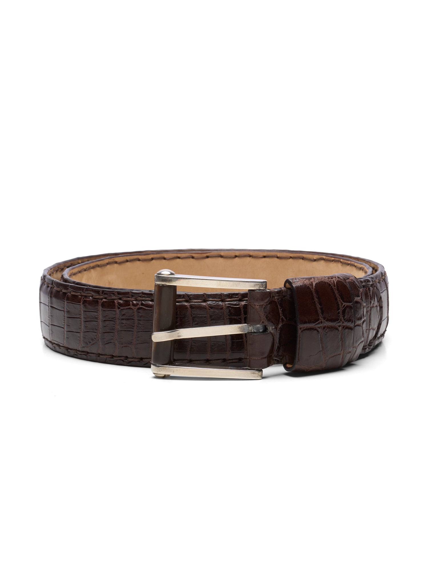 ROMANELLI Firenze Dark Brown Crocodile Skin Silver-Horn Buckle Belt 90cm 36"
