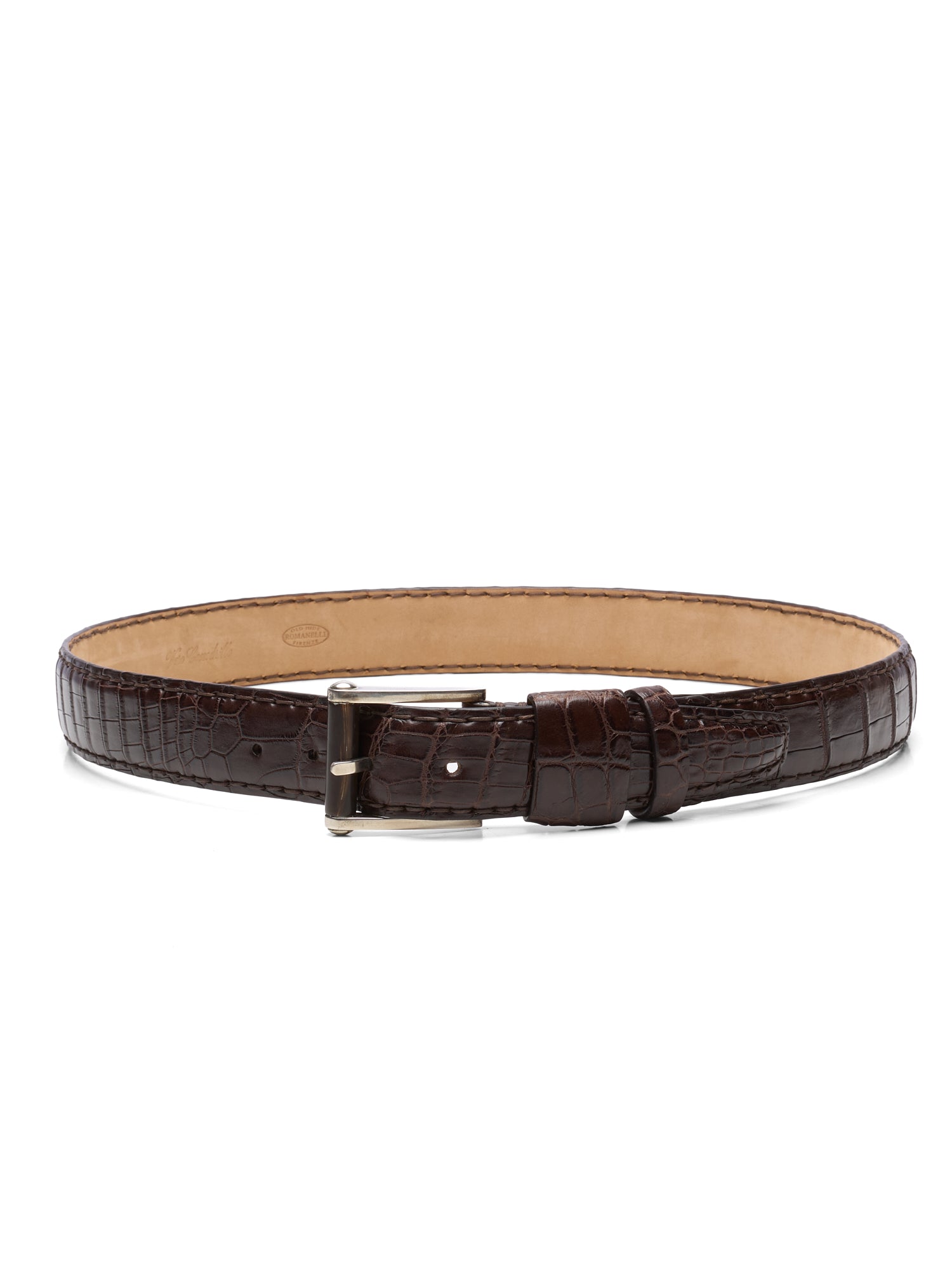 ROMANELLI Firenze Dark Brown Crocodile Skin Silver-Horn Buckle Belt 90cm 36"