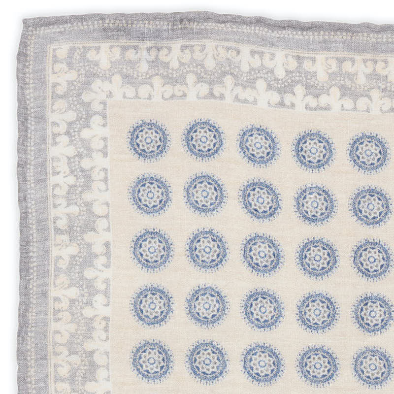 ROSI Handmade Blue-White Medallion Linen Pocket Square NEW 30cm x 30cm