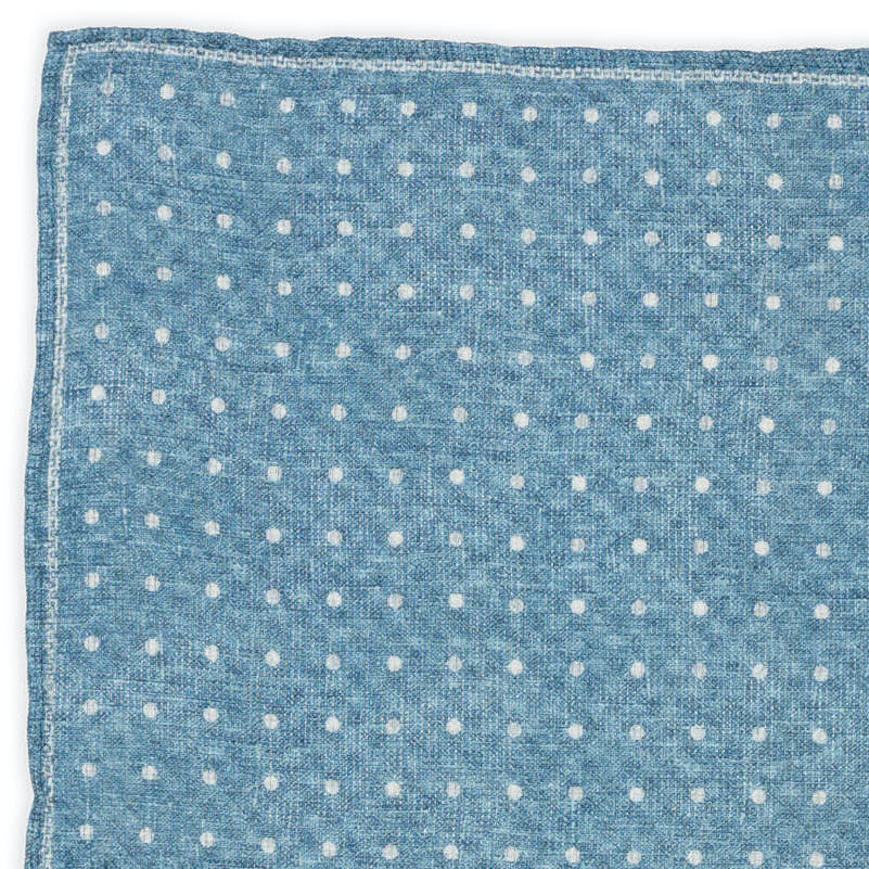 ROSI Handmade Blue Dot-Plaids Linen-Cotton Pocket Square Double Sided