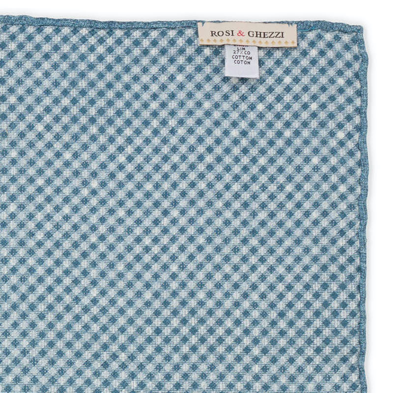 ROSI Handmade Blue Dot-Plaids Linen-Cotton Pocket Square Double Sided