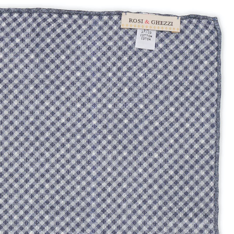 ROSI Handmade Royal Blue Dot-Plaids Linen-Cotton Pocket Square NEW 31cm x 30cm