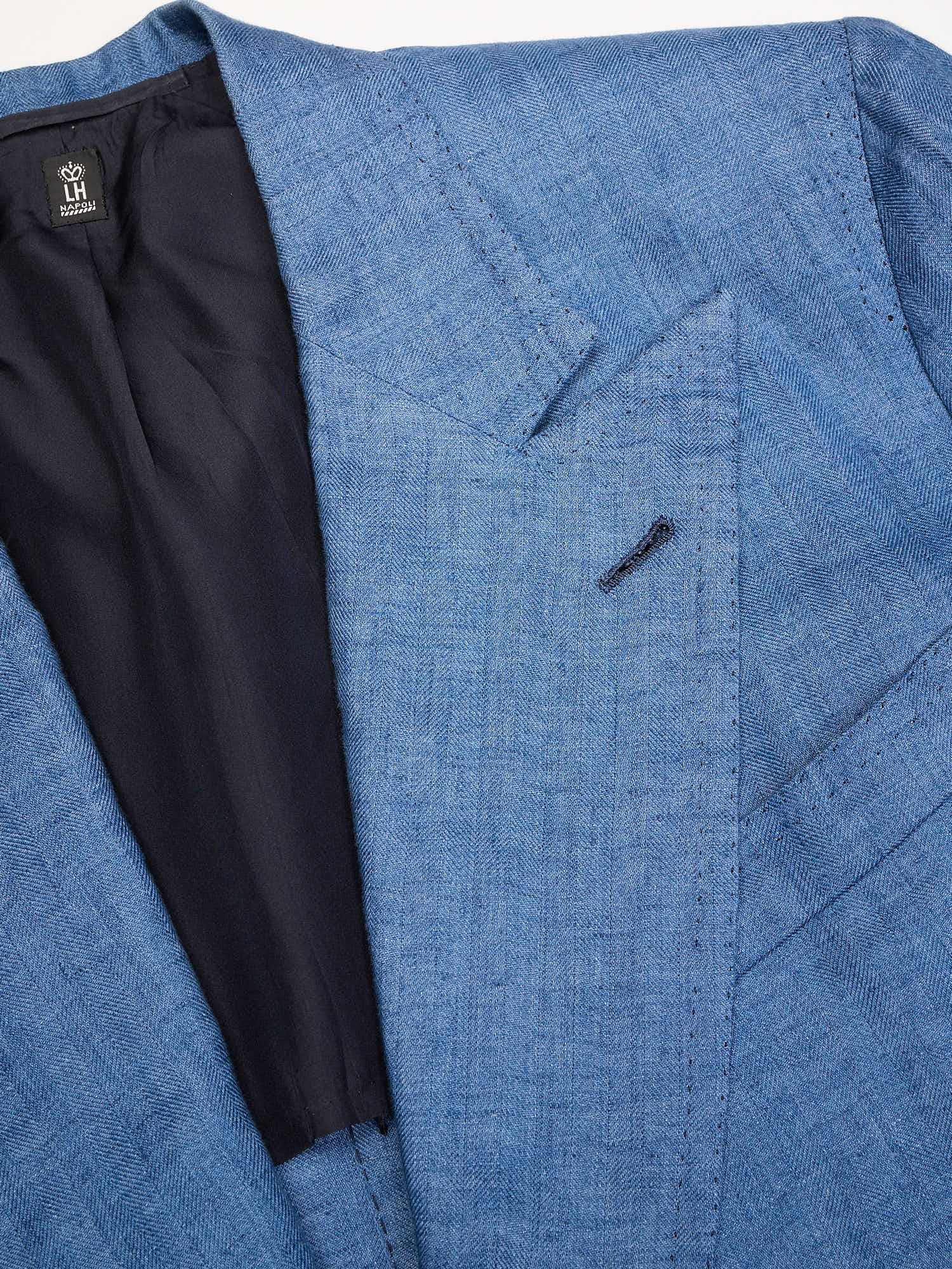 RUBINACCI LH Handmade Bespoke Blue Herringbone Wool-Silk-Linen DB Jacket