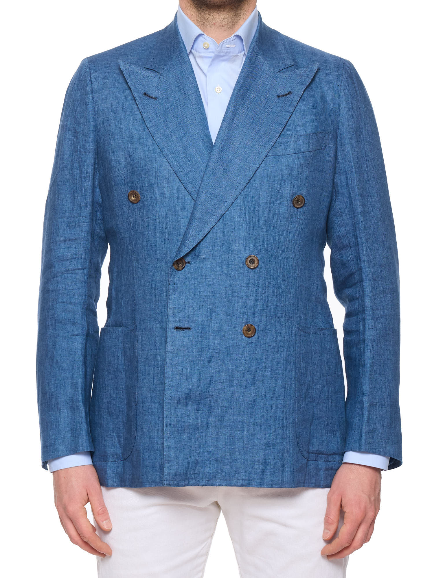 RUBINACCI LH Handmade Bespoke Blue Herringbone Wool-Silk-Linen DB Jacket