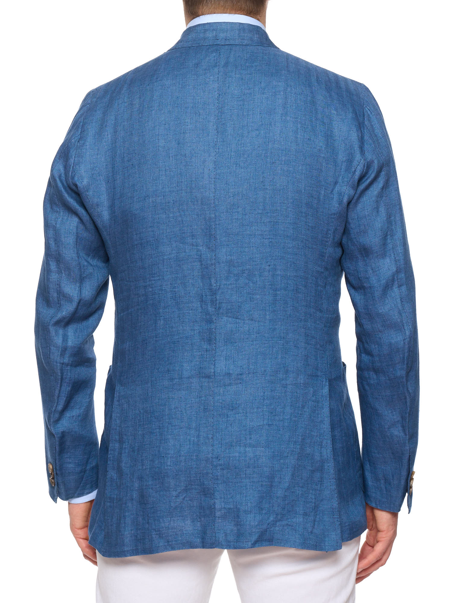 RUBINACCI LH Handmade Bespoke Blue Herringbone Wool-Silk-Linen DB Jacket